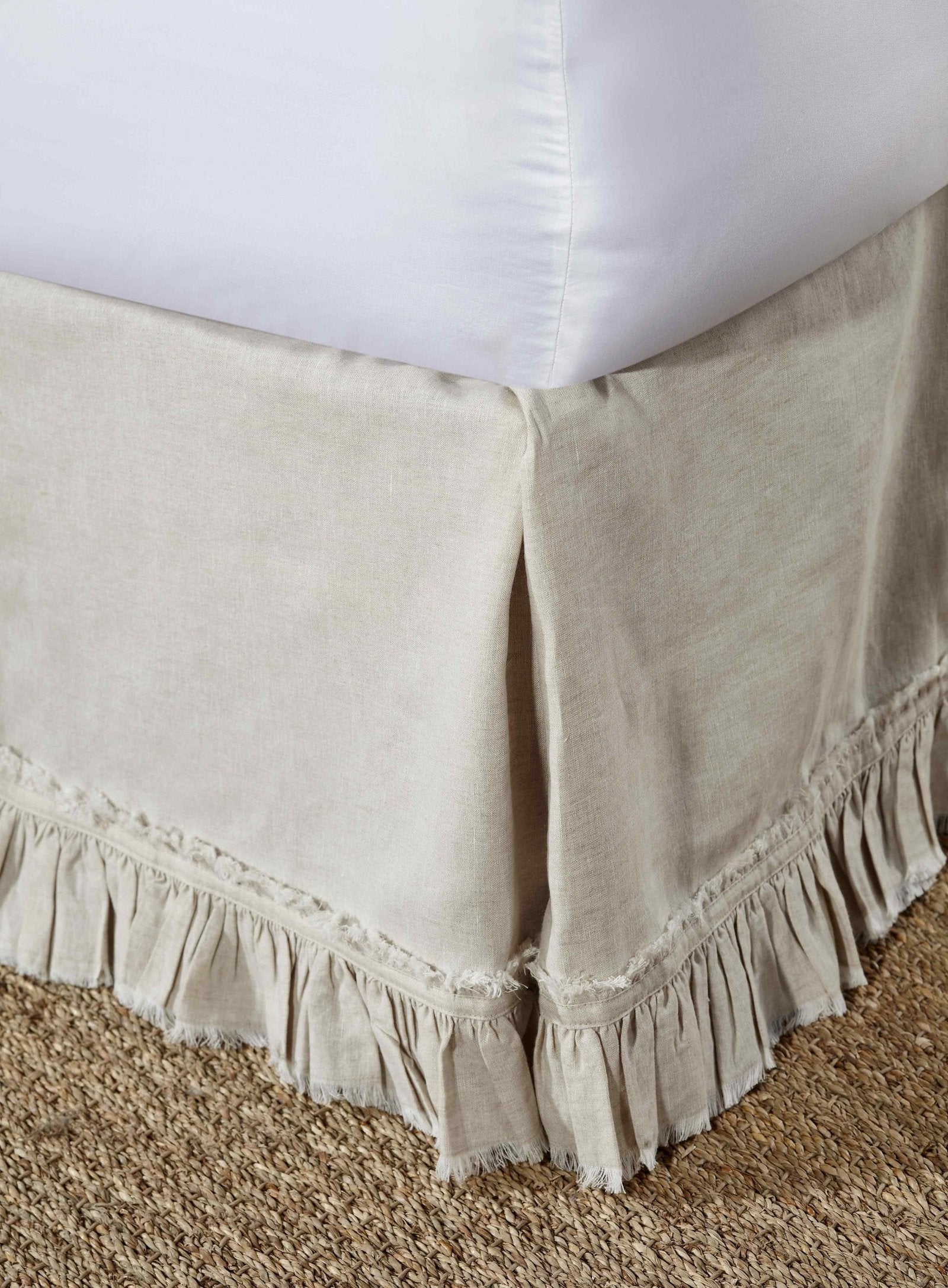 BS-104-6080_1|Beige linen panel bed skirt with distressed ruffle trim. Adds rustic elegance and conceals bed frame perfectly.