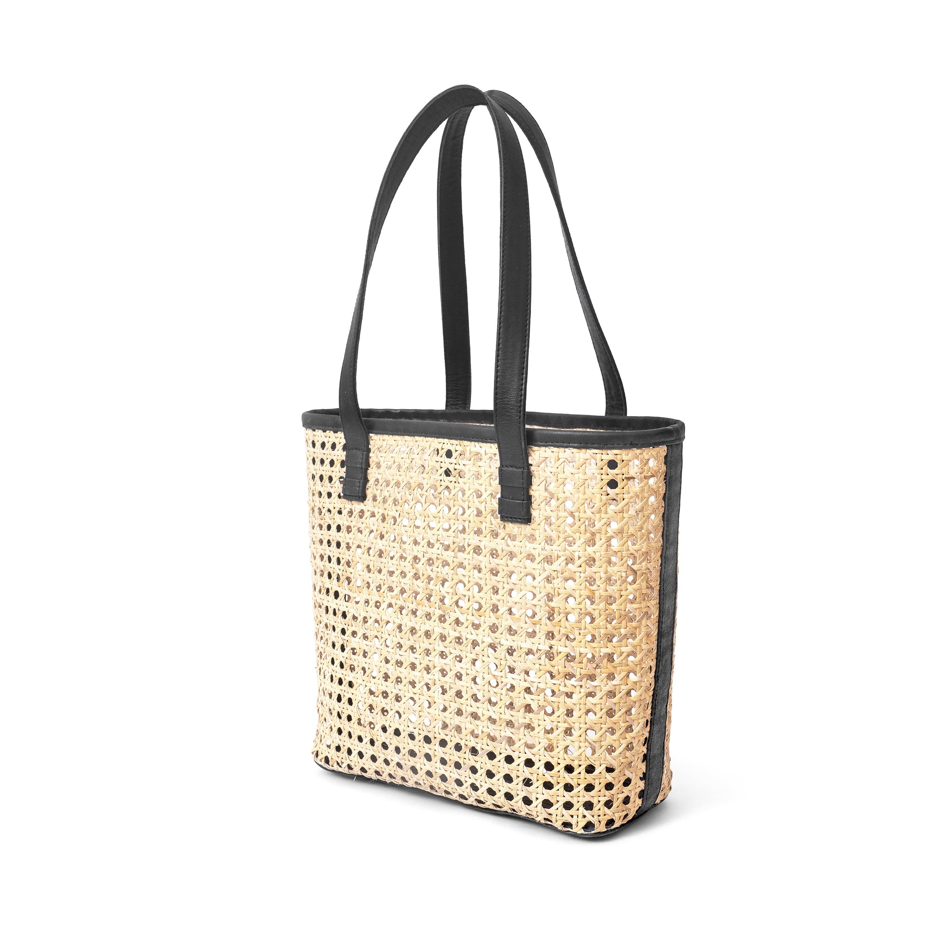 Side view black leather trim and caning shoulder basket tote handbag
