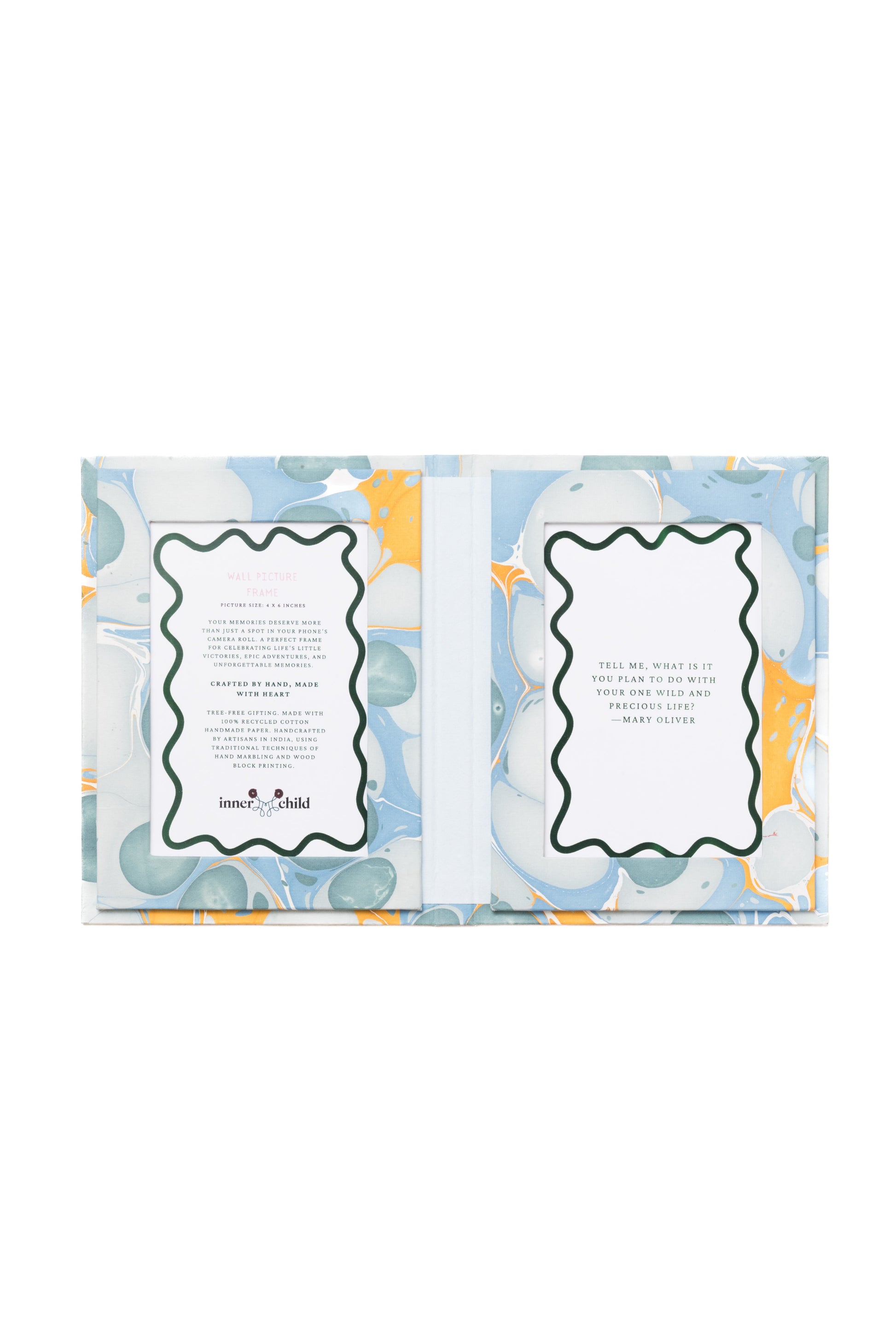 Inner Child hand marbled 4x6 folding photo frame grey blue orange design