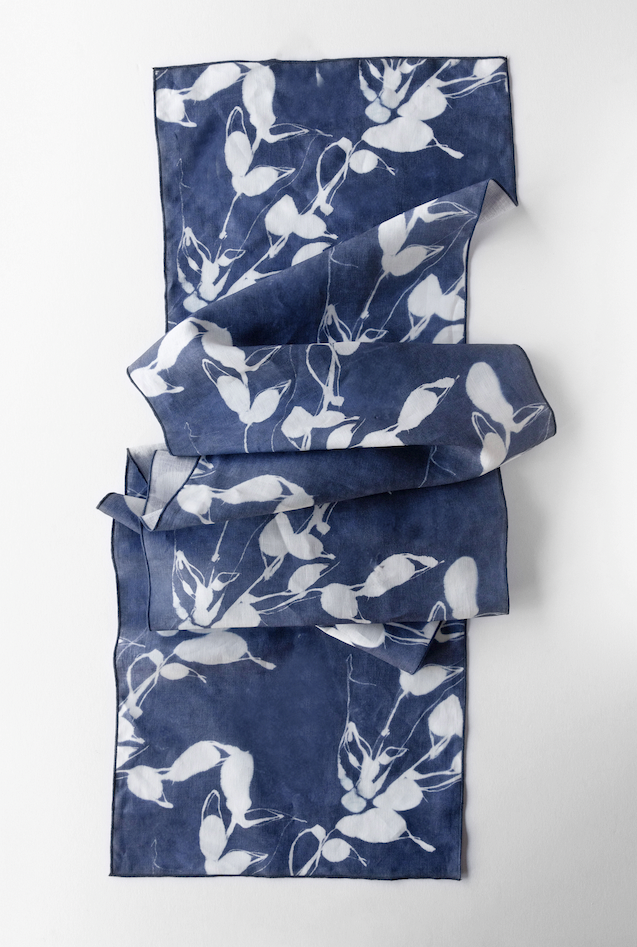 Porto Print Indigo linen table runner flat lay close up detail - Goldie Home