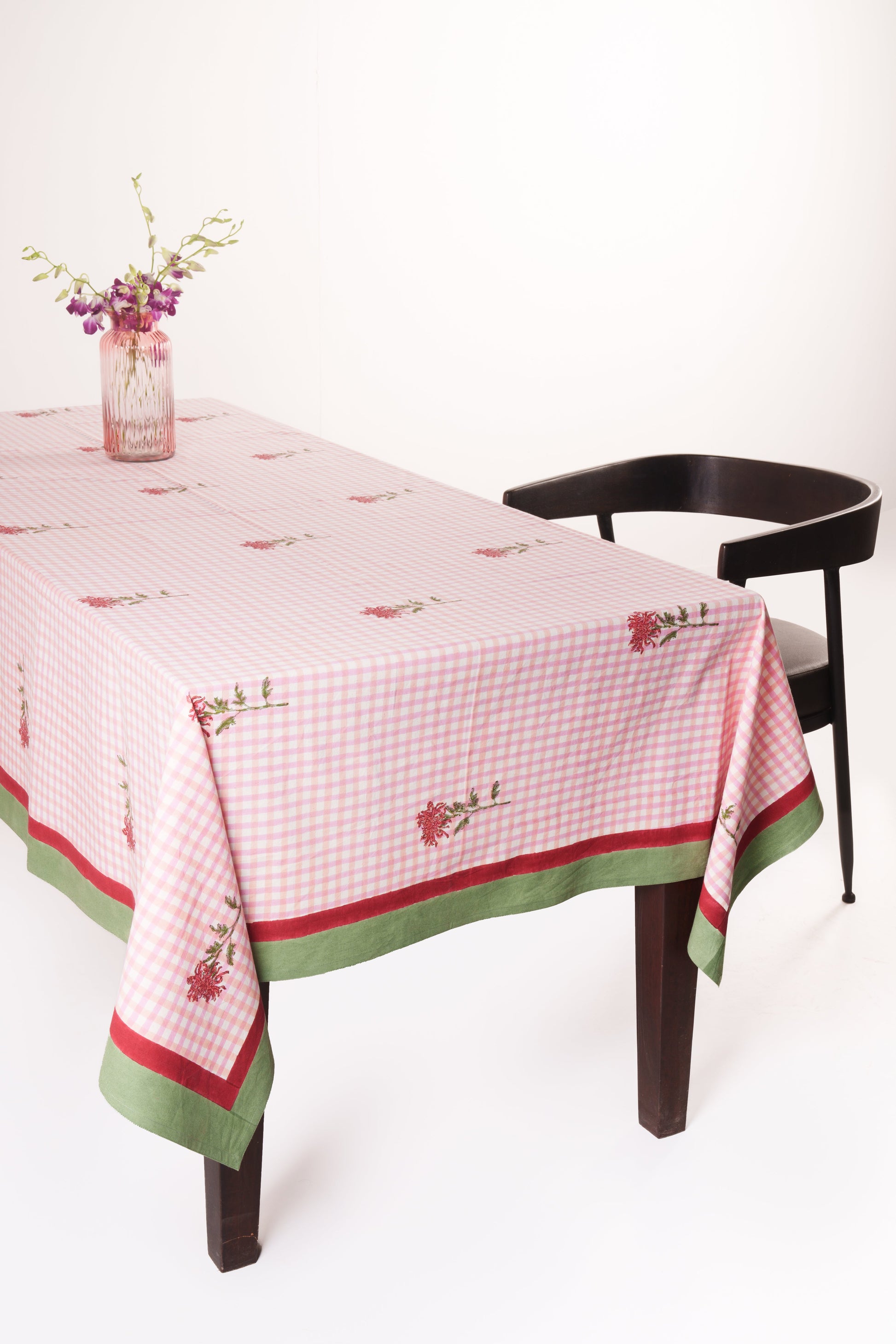Full-sized dahlia gingham tablecloth on table with chair & vase - Inner Child
