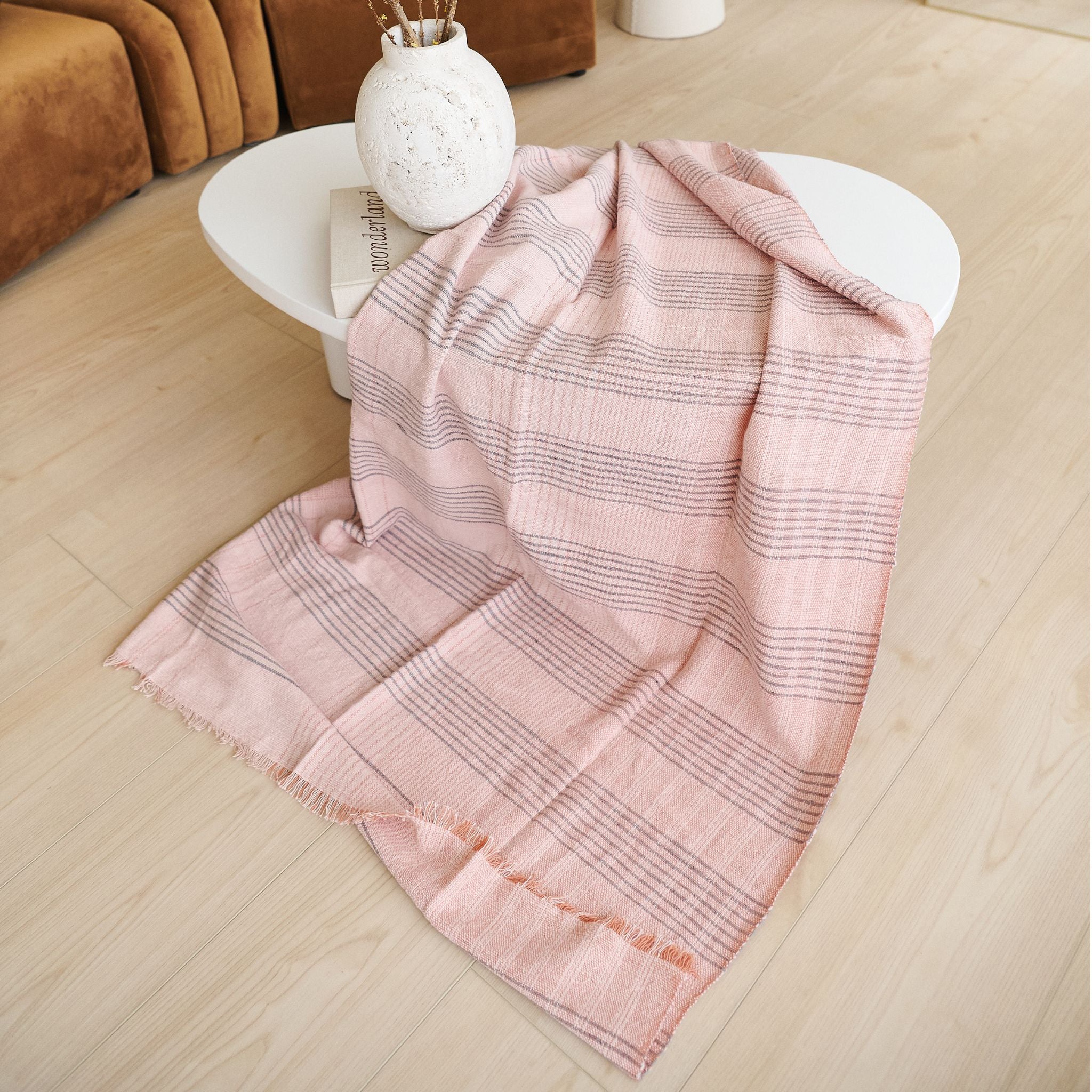 Silica Rose In Shades of Salmon Pink Gray Stripes Pattern Soft Handwoven Merino Throw