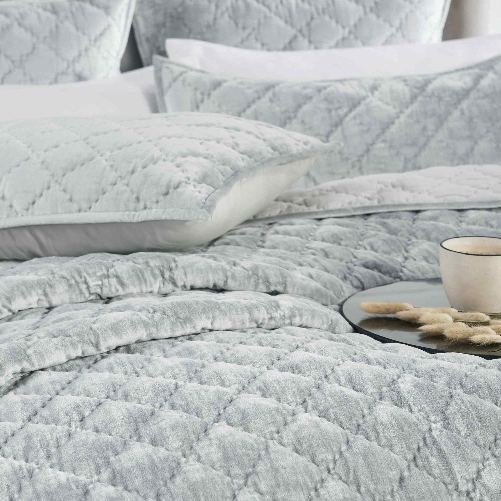 QT-356-9496_4|Cozy light grey blue quilt with diamond quilting and soft texture. Perfect modern bedding for a comfortable bedroom.