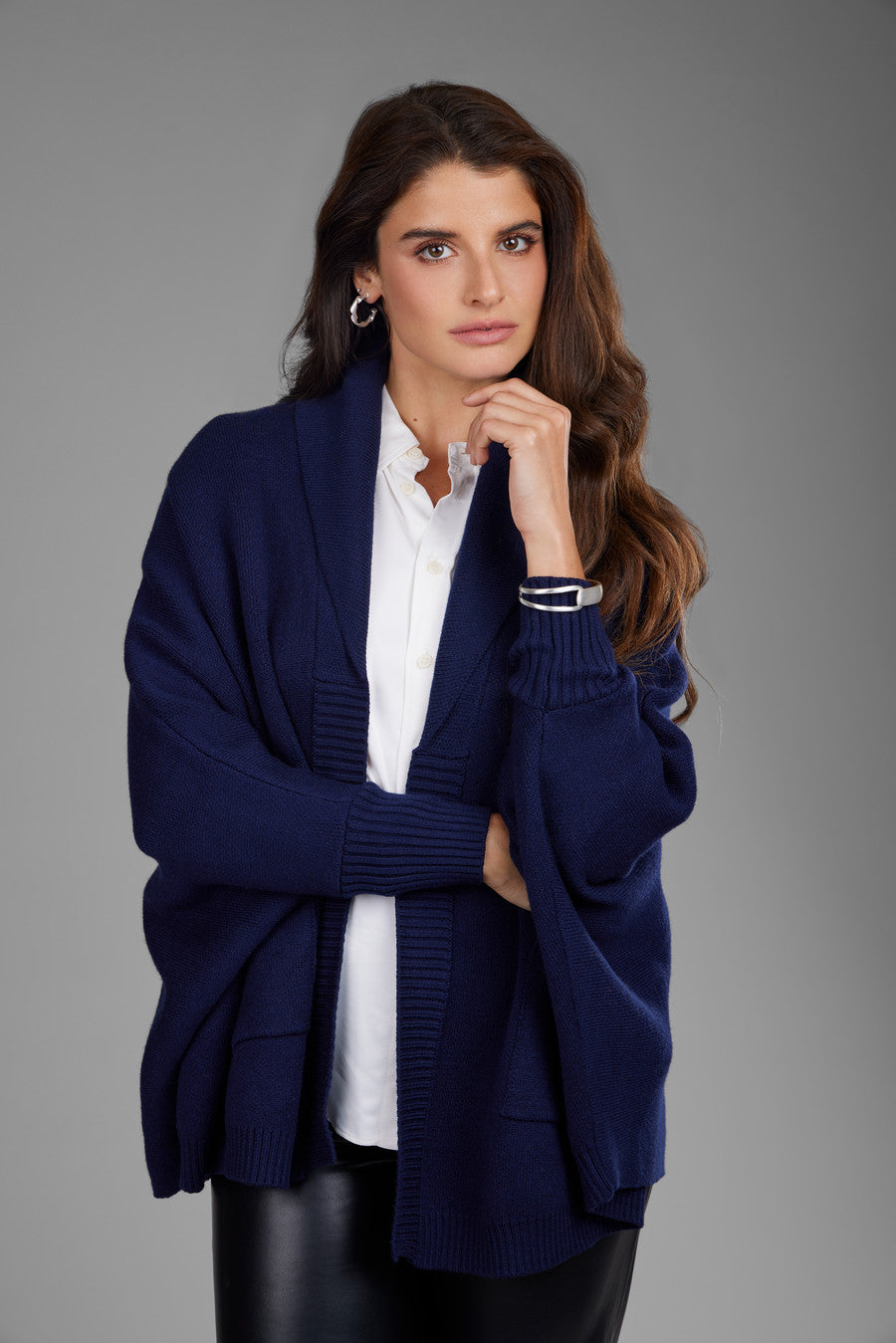 Open Front Oversized Cardigan Sweater - Navy