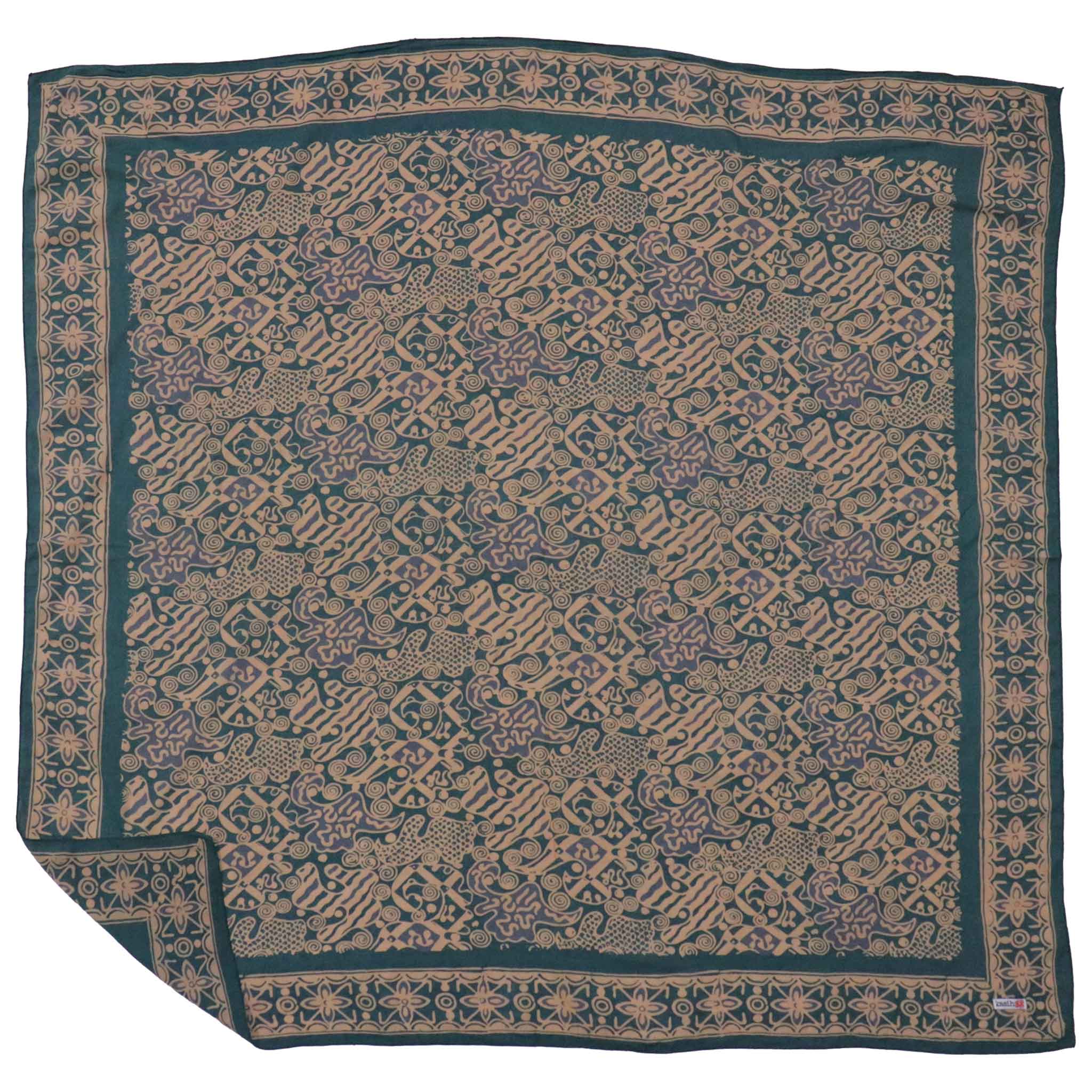 Large 39" Hand Dyed Batik Bandana, 100% Soft Cotton, Abstract Flowers, Teal, Patina Blue