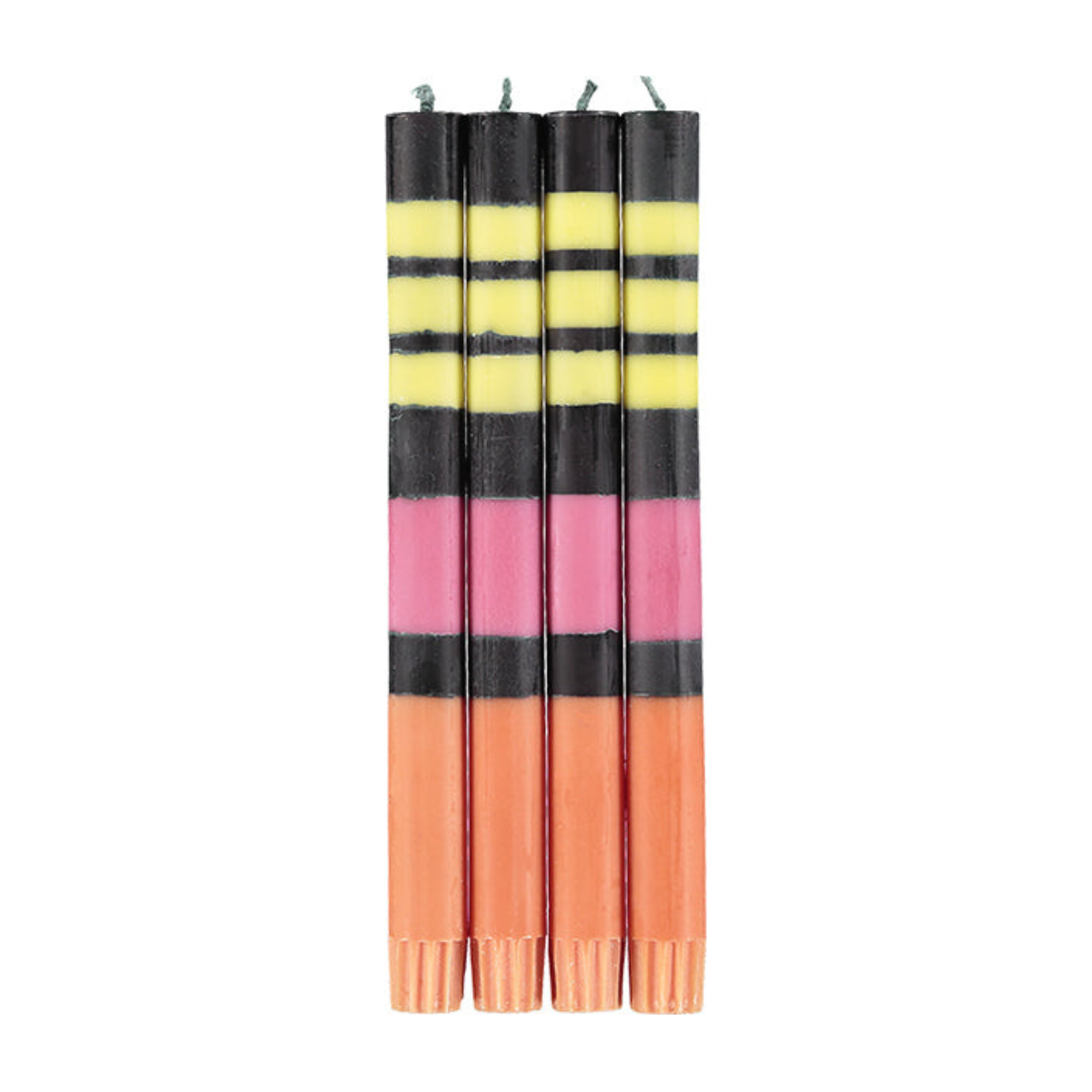 S/4 Striped Jet Black, Orange Flame, Neyron & Sulphur Yellow Flame Dinner Candles