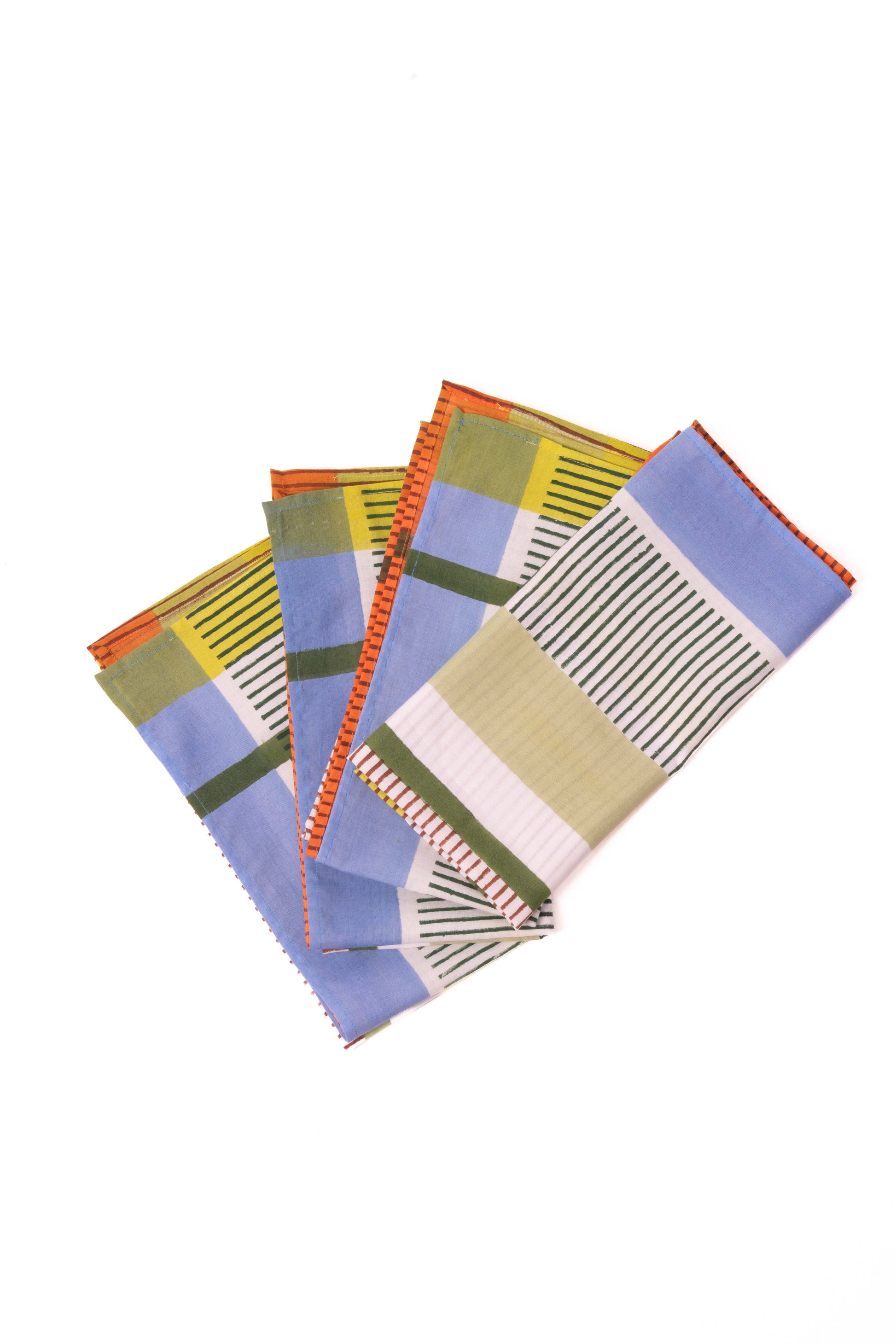 Set of four modernist striped napkins with blue/orange/yellow/green patterns