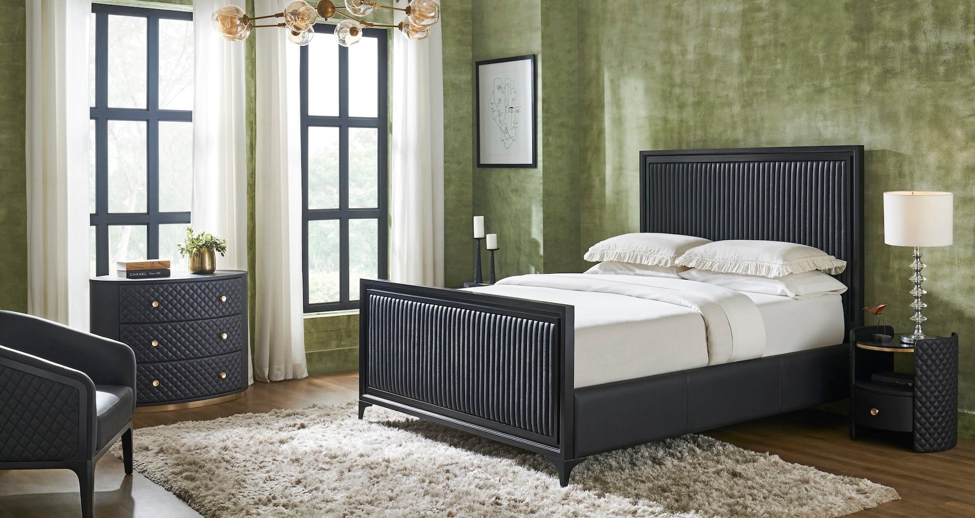 FN-5210-7680_2|Black channel tufted leather bed with black wooden frame in a luxurious bedroom, premium modern furniture design.