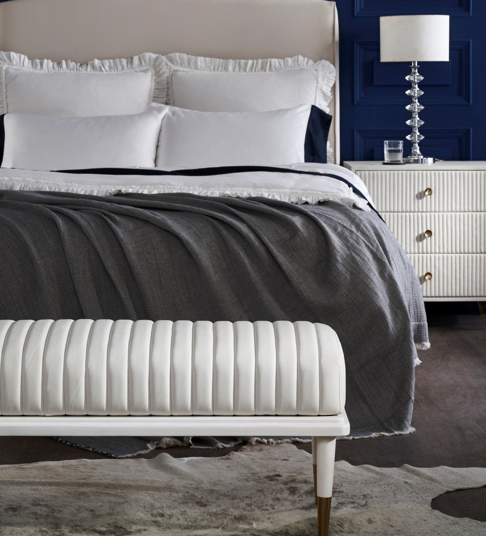 FN-5203-601618_5|Luxurious white ribbed leather bench, stylish upholstered design for end-of-bed seating or modern living room.