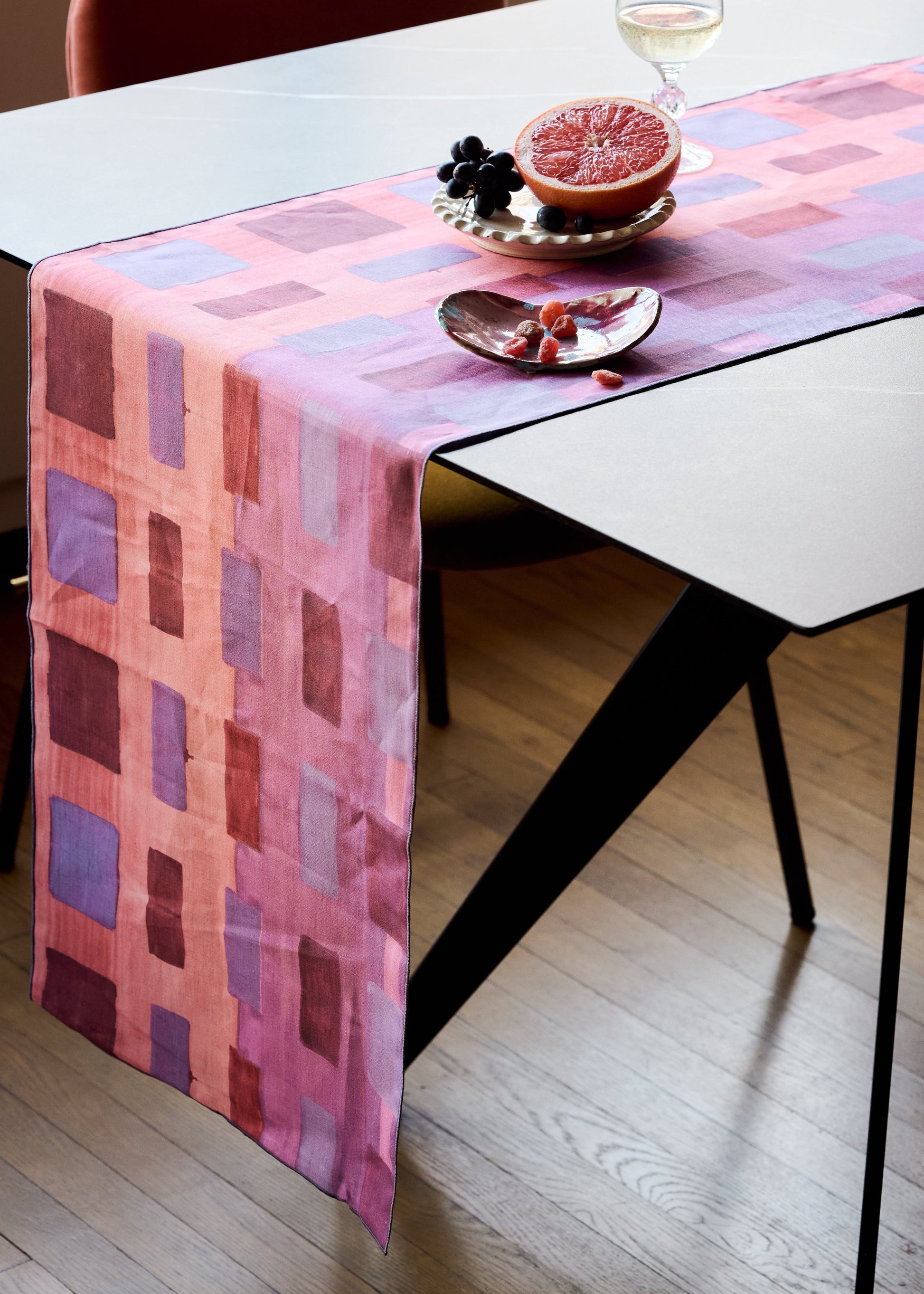 Pink Tapestry linen table runner with bold abstract brushstroke art pattern in pink and lavender - Goldie Home