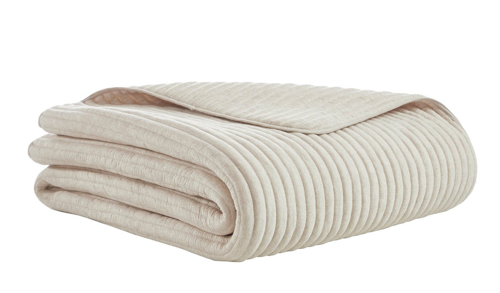 QT-368-11096_5|Folded beige ribbed quilted quilt, highlighting its soft texture and distinctive vertical stripe pattern for beds.