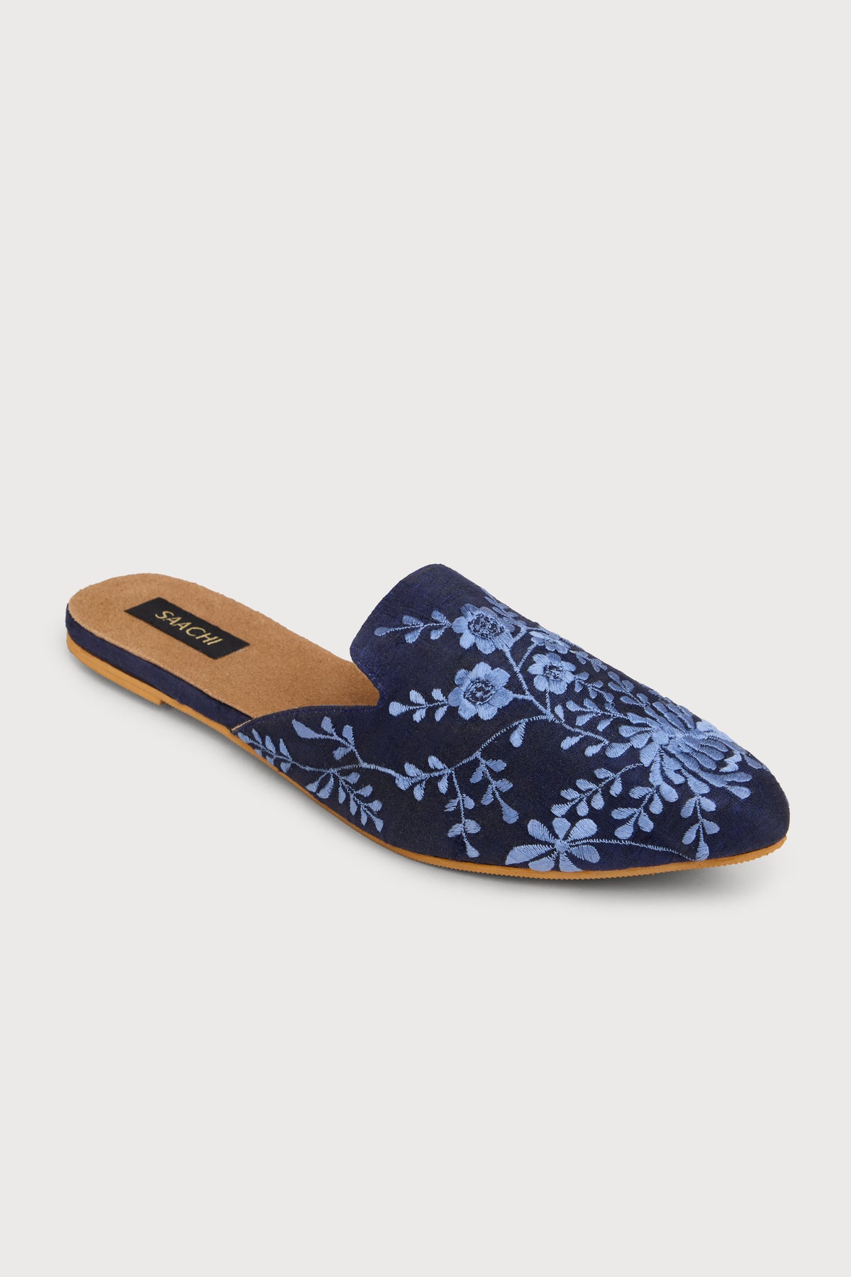 Flower and Leaf Motif Shoe Pointed Flat Mule - Navy