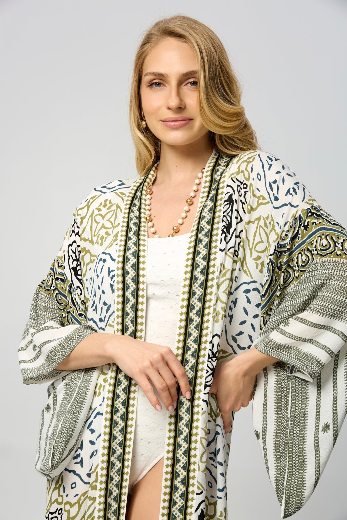 Mosaic Tile Pattern Kimono - White Combo