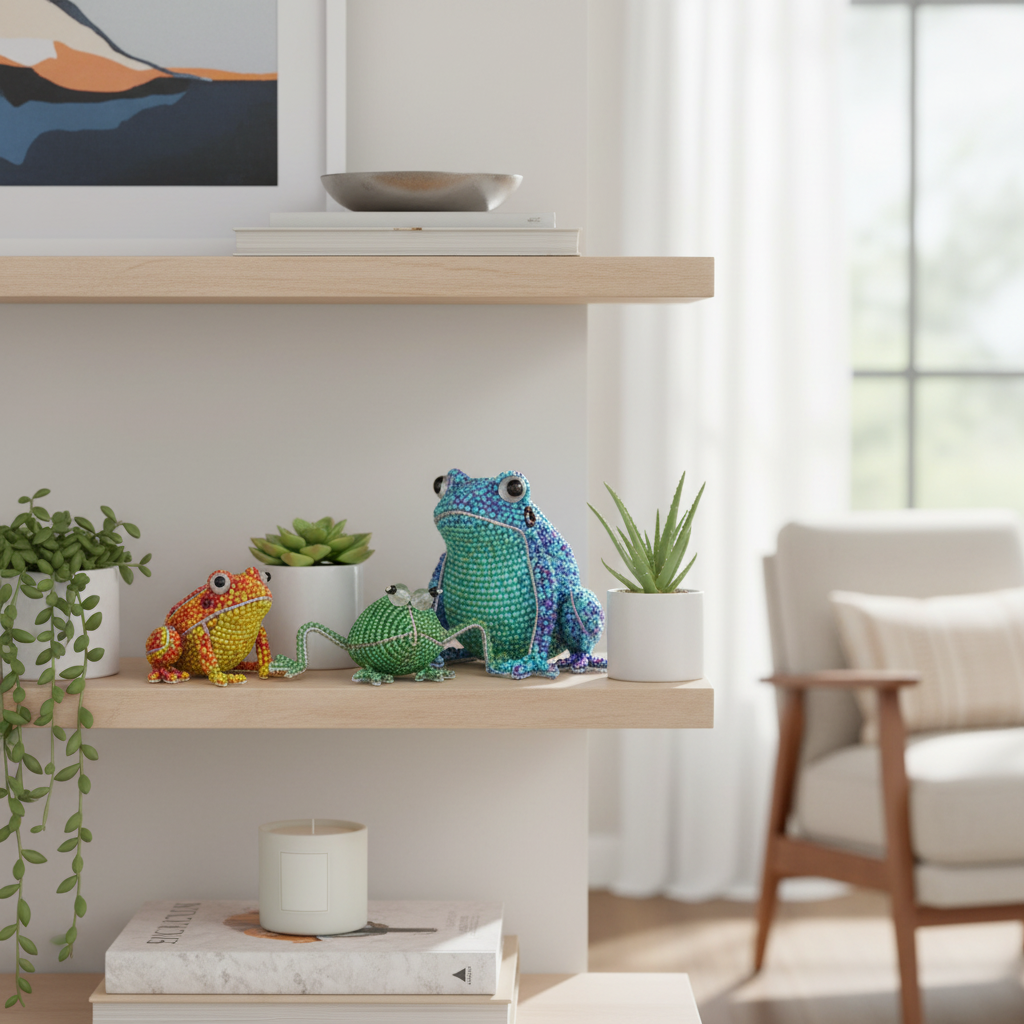 Beaded frog figurines as decorative accent pieces on a modern living room shelf