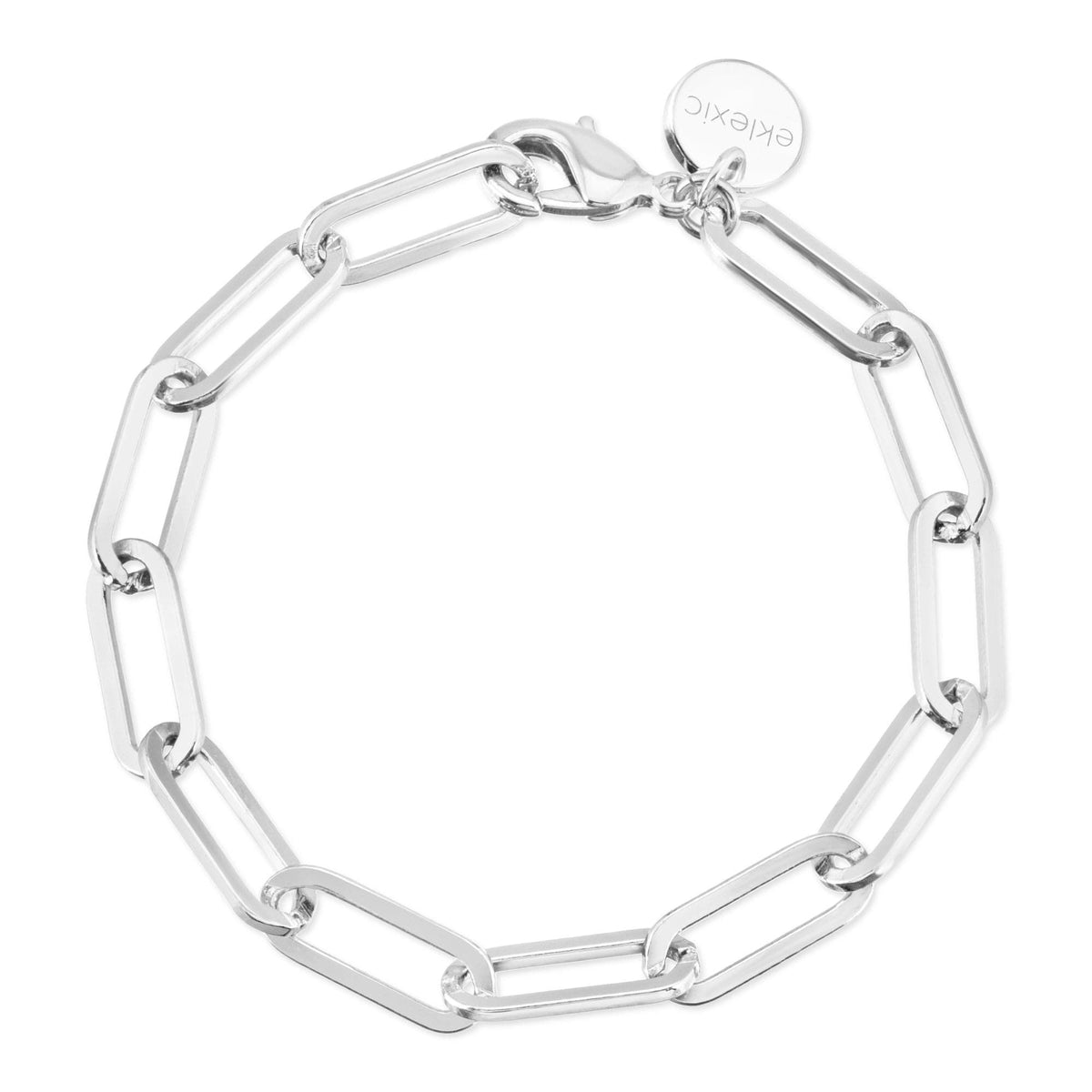 Silver large elongated link chain bracelet showing off its shiny silver design