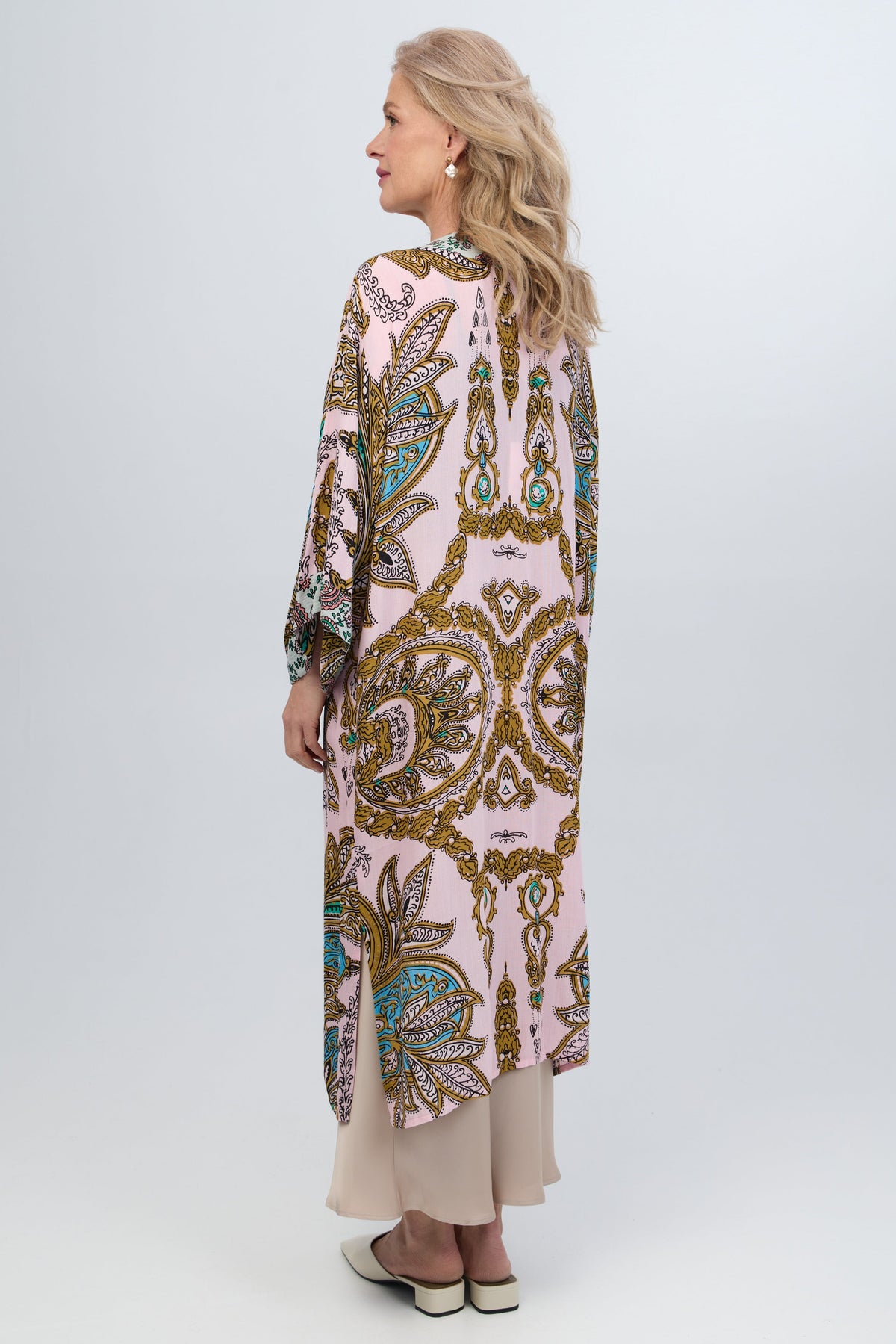 Multicolored Paisley Kimono Duster Long - Pink