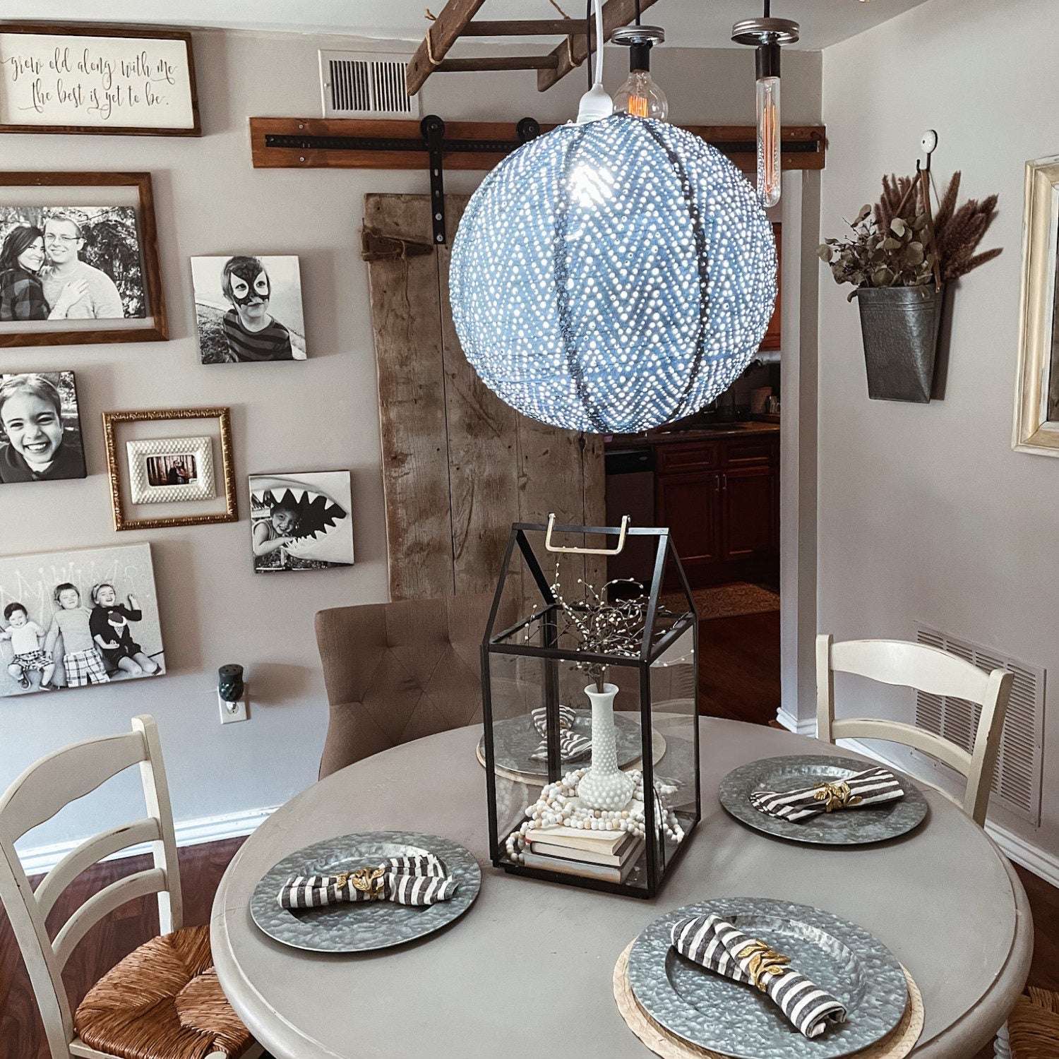 Soji Stella Nova Indoor Outdoor Tyvek Pendant Lamp over dining table