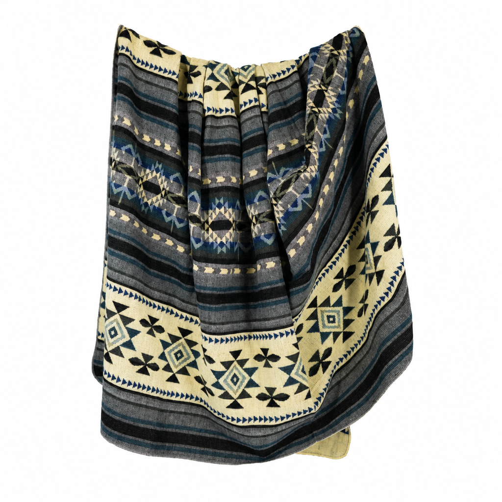 Geometric Blue, Gray & Cream reversible handwoven alpaca throw blanket, Yachana Collection, made in Ecuador