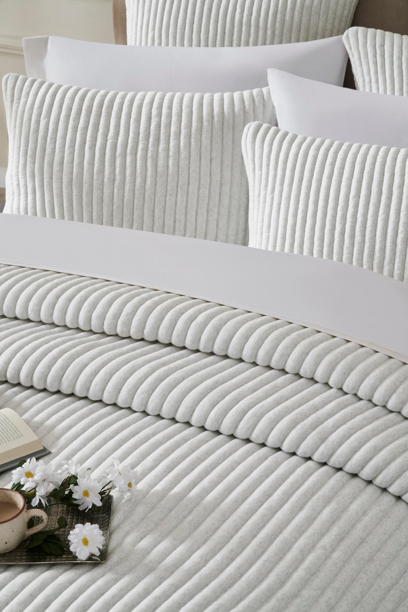 QT-374-11096_4|Inviting light grey ribbed quilt and pillows offer ultimate comfort and softness, perfect for a relaxing and cozy bedroom.