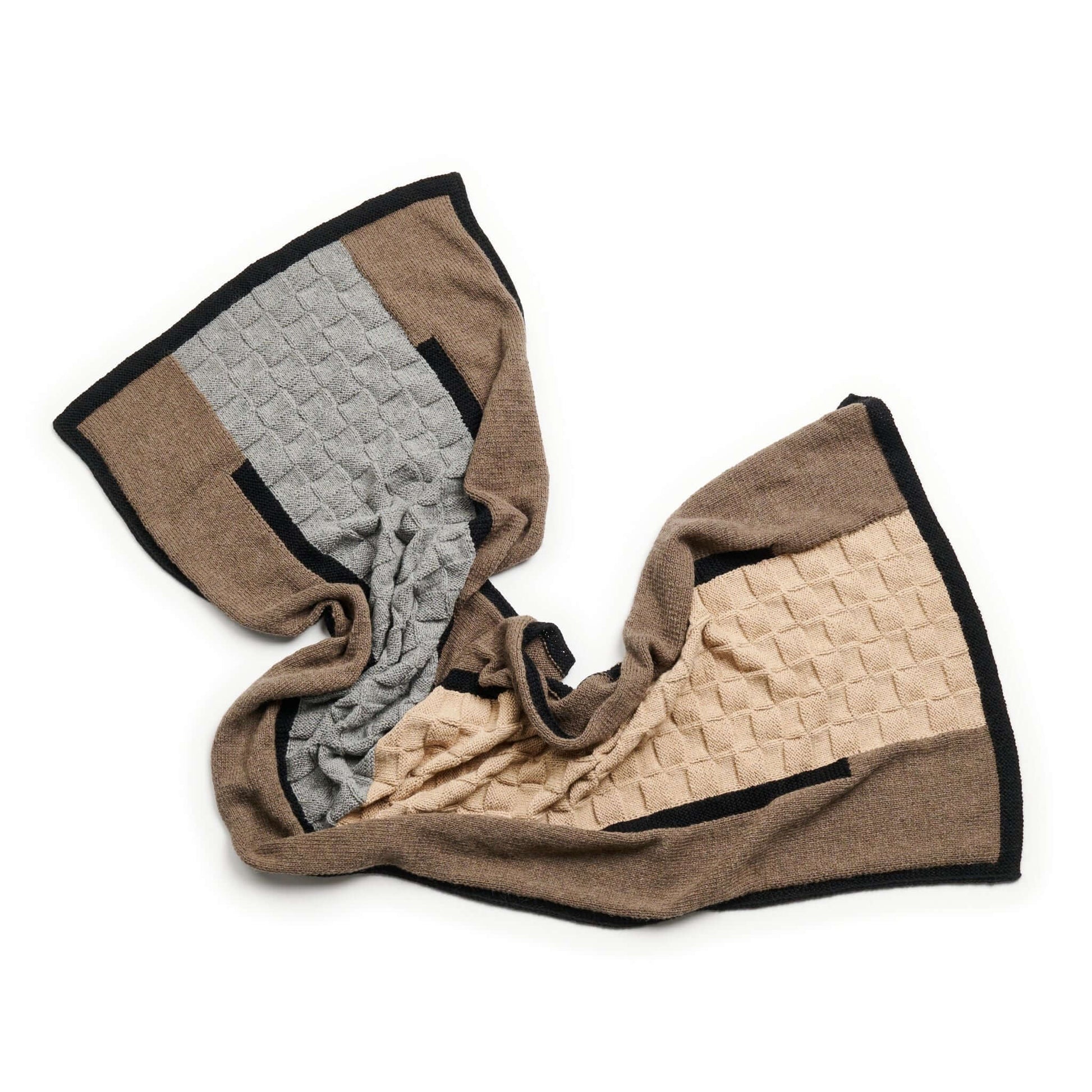 Muhu Brown Gray Hand Knitted Peruvian Alpaca Blanket / Large Plush Scarf displayed in a cozy arrangement.