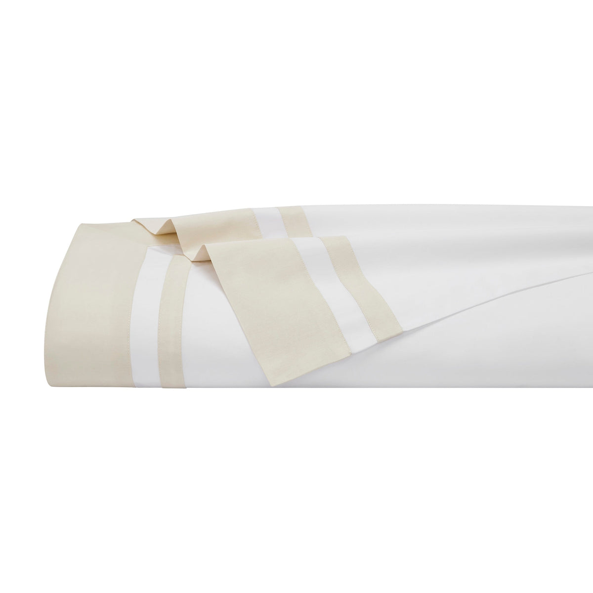 KFL-540-7880_5|Crisp white 100% cotton sheets, neatly folded, featuring an elegant beige striped border for a luxurious bedding set.