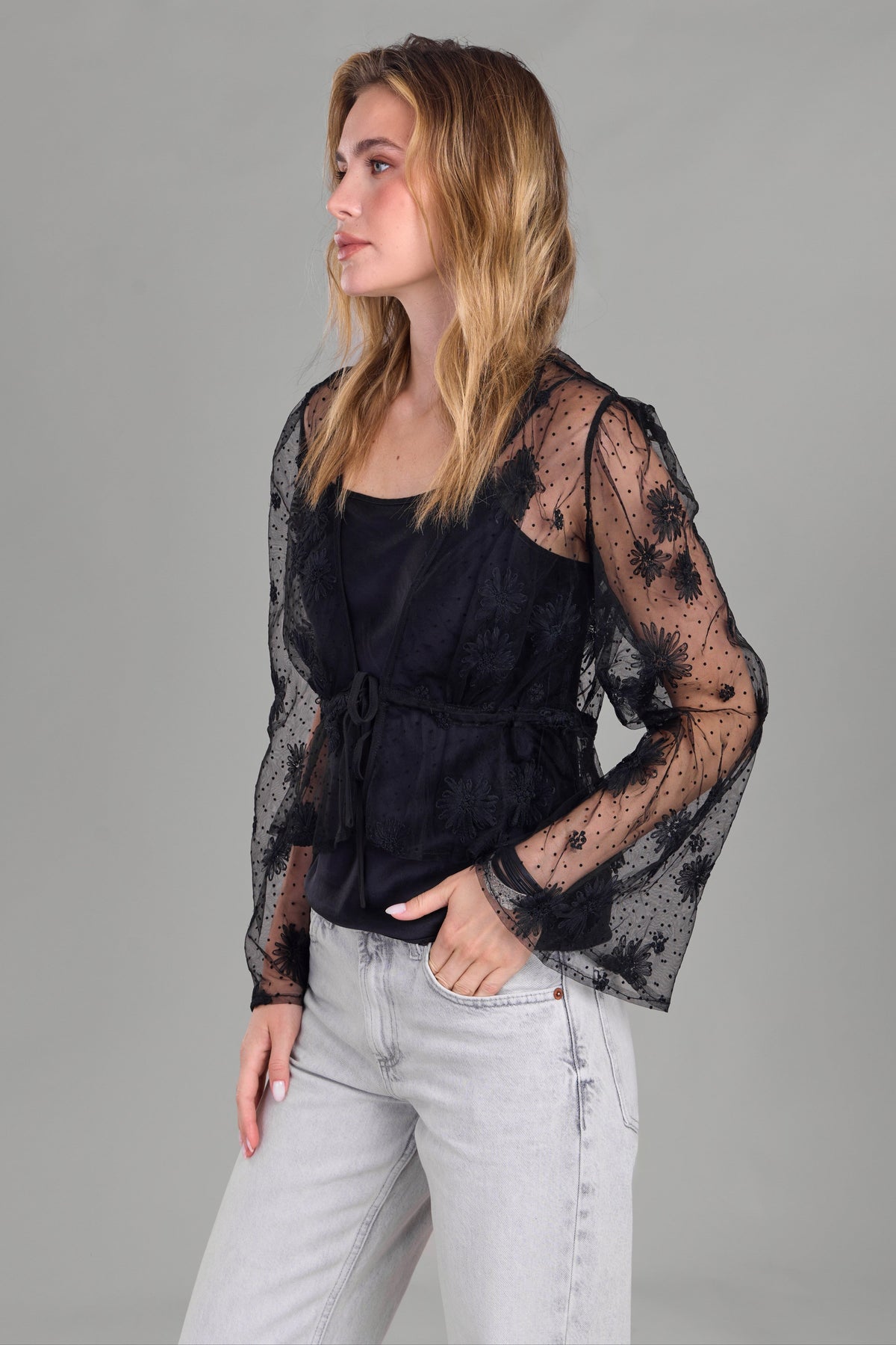 Floral Mesh Tie Top - Black