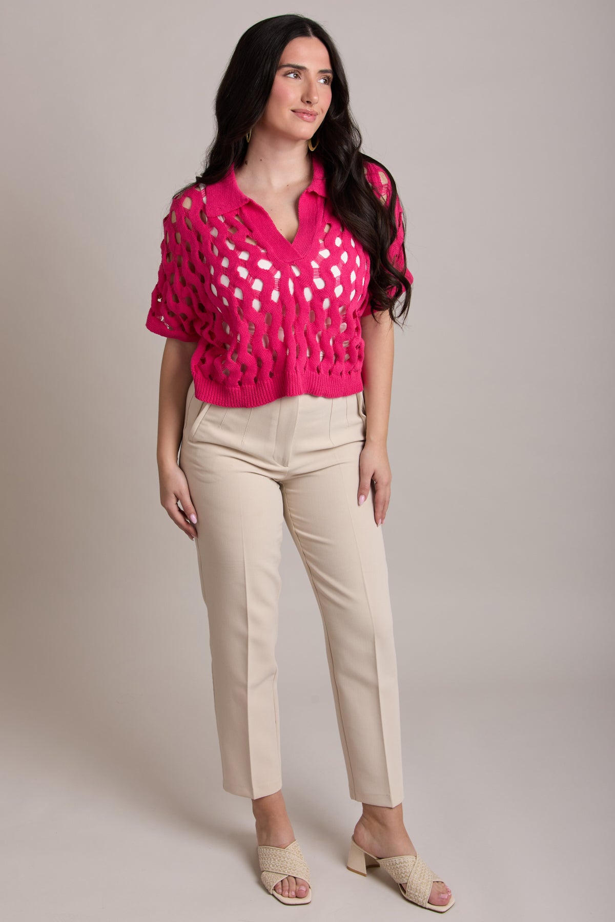 Knit Cut-Out Collared Shirt - Fuchsia