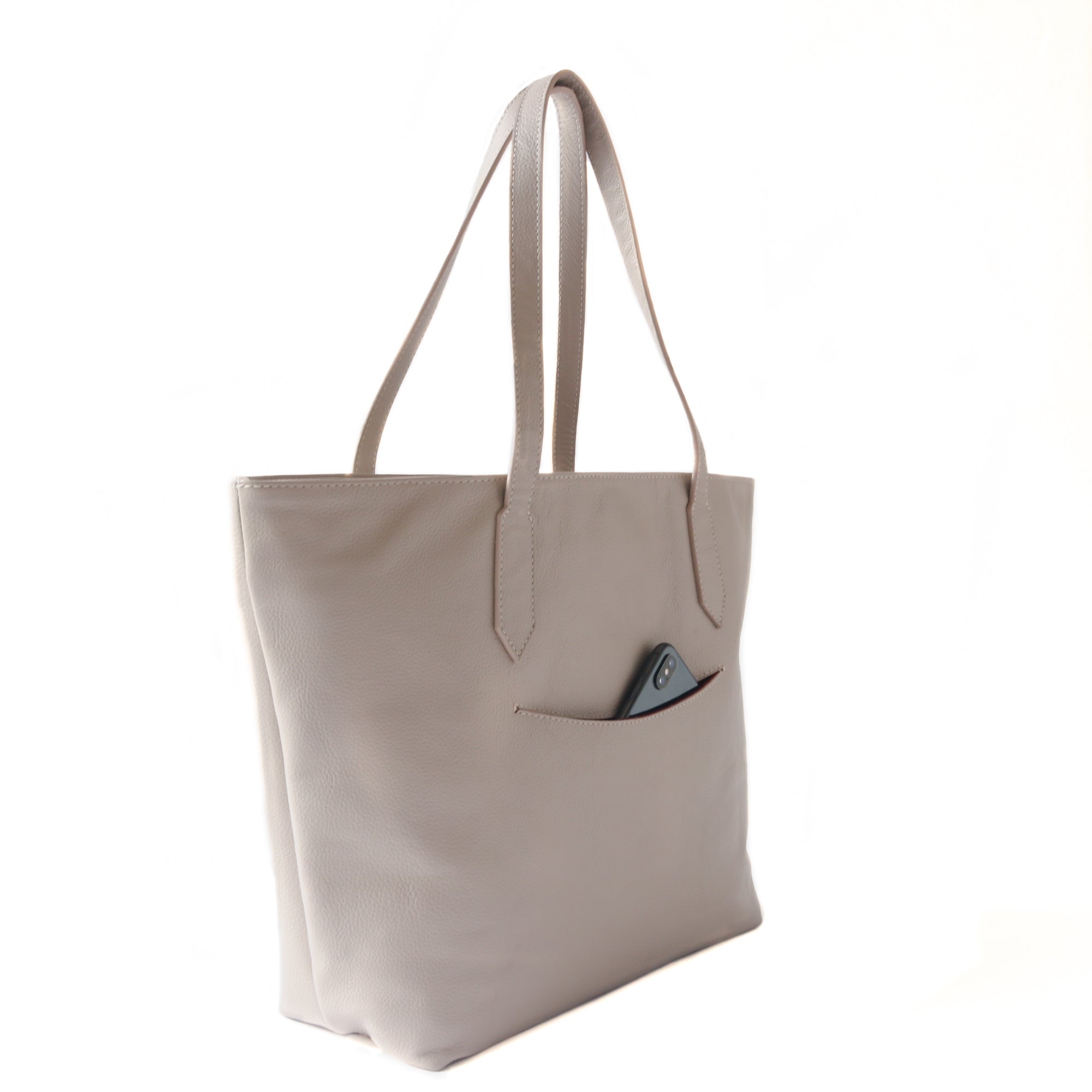 martina leather tote in taupe color, grey leather tote, laptop bag, laptop tote, work bag, travel bag, carry all bag, grained leather, artisan made.