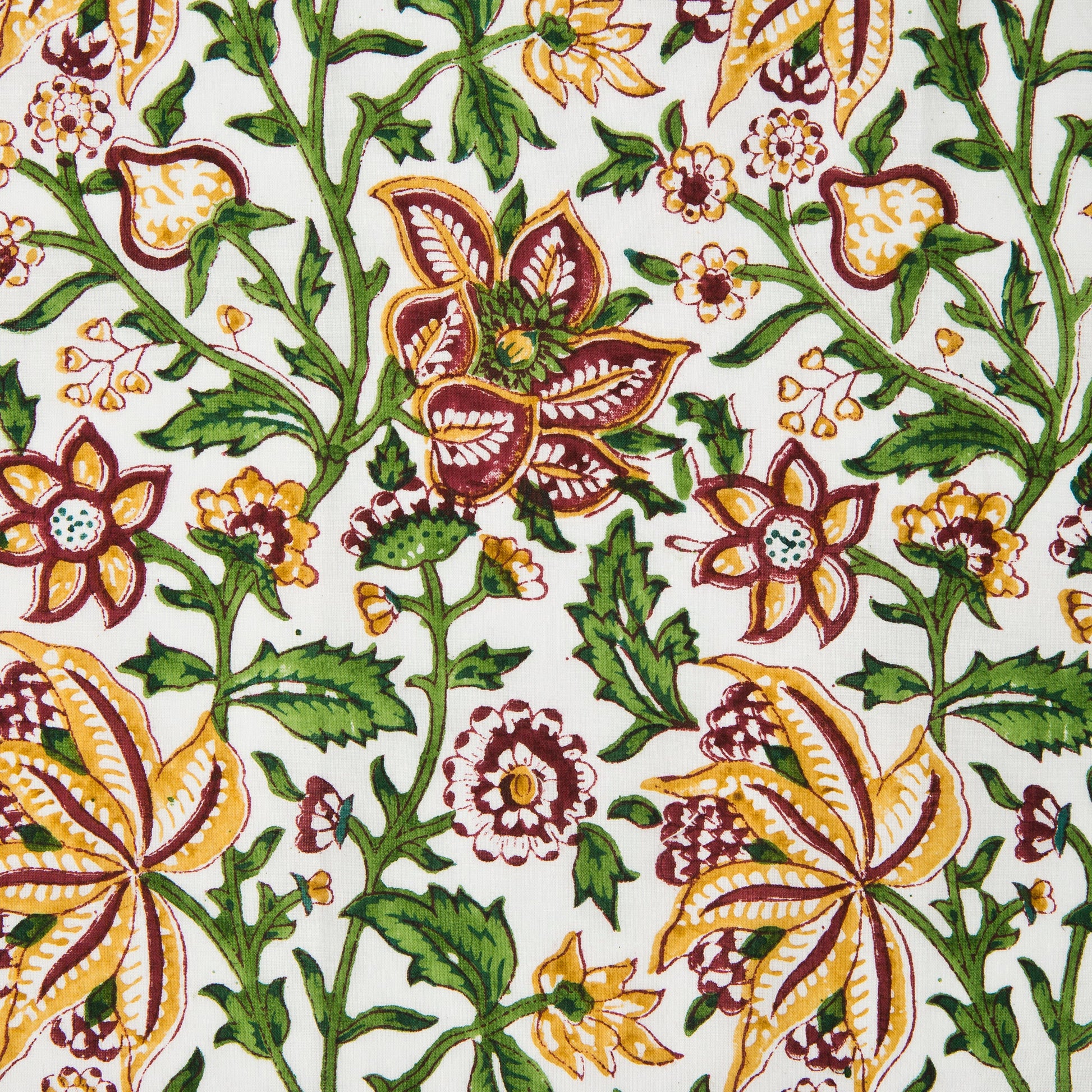 Macro detail of hand-carved floral block print pattern on white cotton.