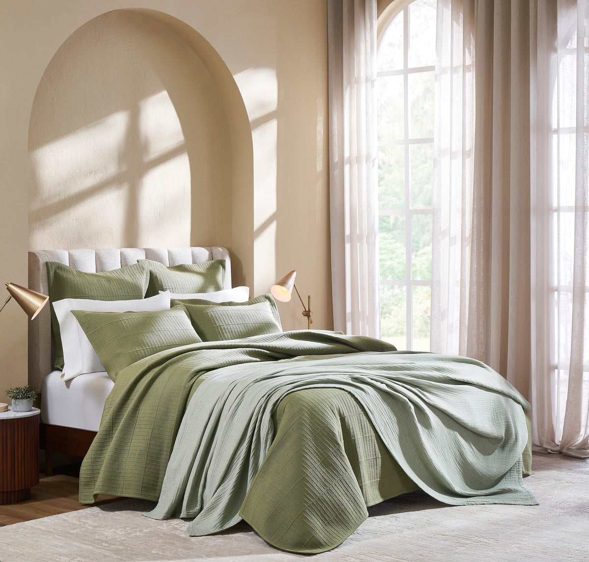 CL-270-9496_5|Elegant bedroom with a sage green textured cotton blend coverlet and complementary throw for layered comfort.
