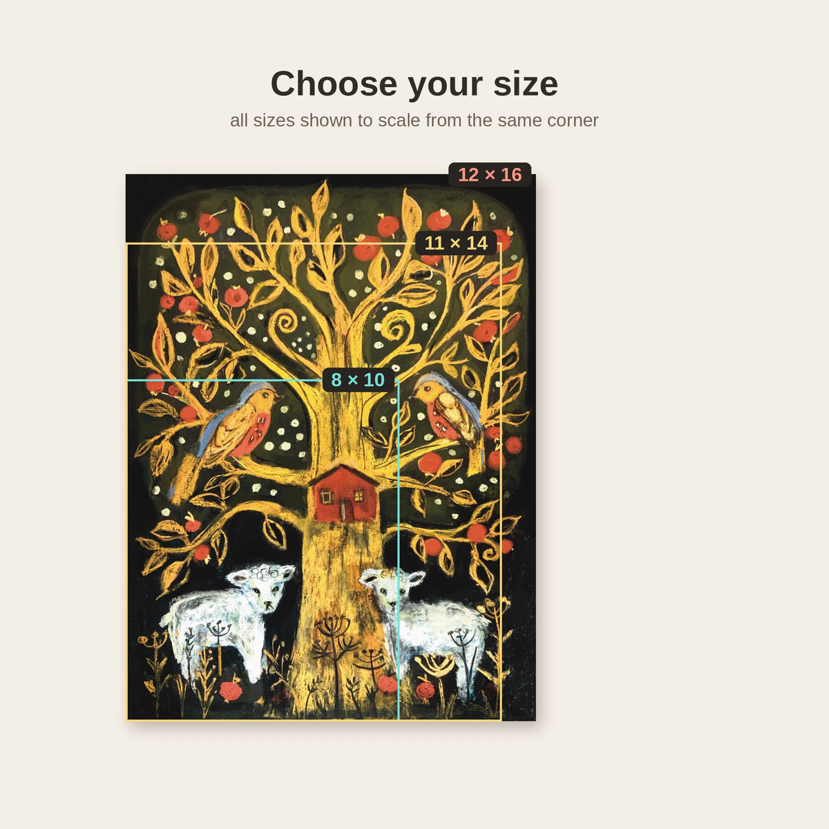 Vermont Tree of Life apple tree and lambs art print, choose your size overlay