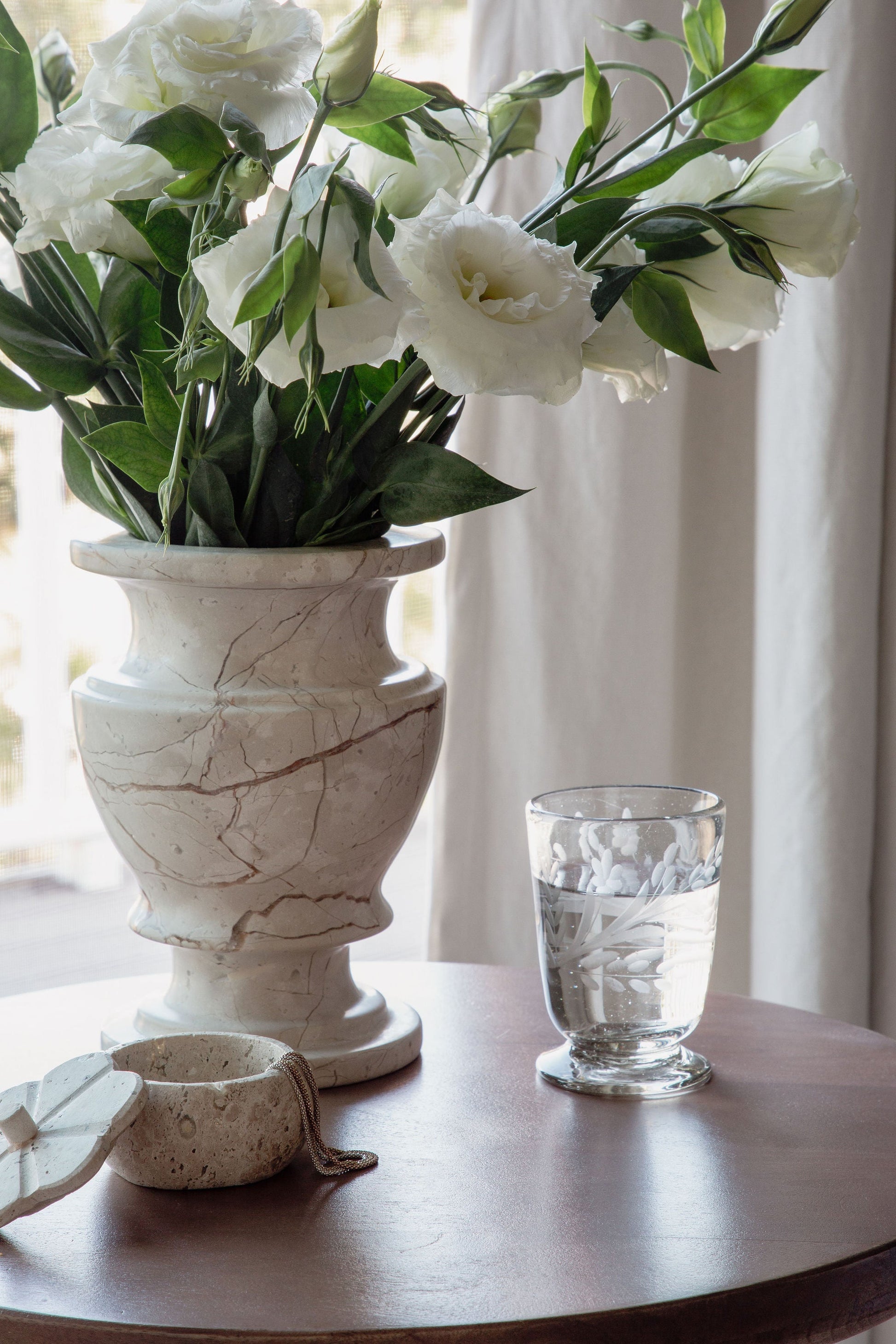Eco-friendly handblown footed glass with etched floral design