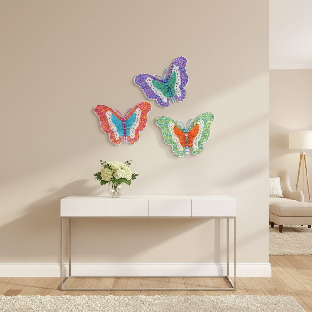 Colorful beaded butterfly wall decor displayed in a modern living room