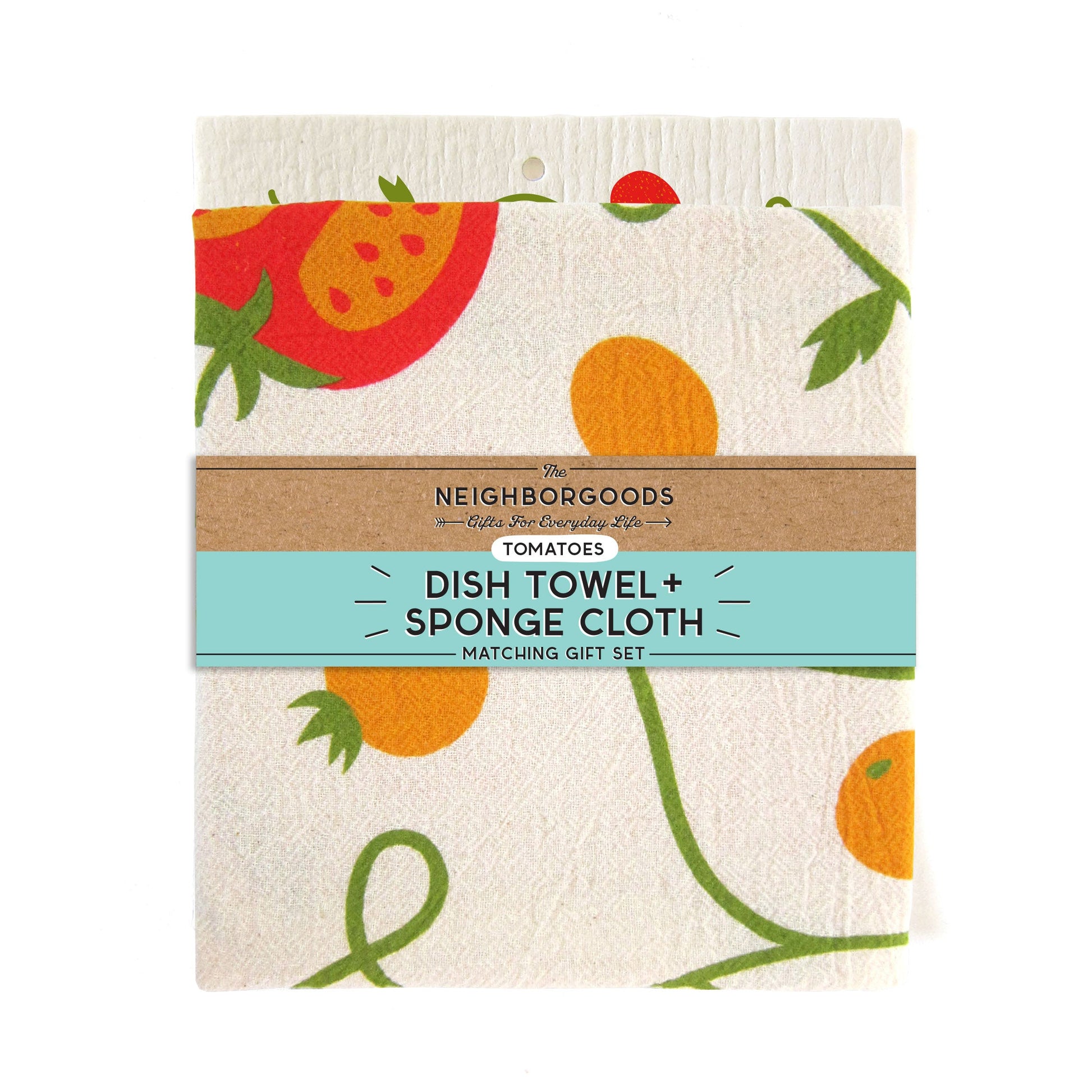 Back of matching dish towel and sponge cloth set with tomato design,  featuring the phrase "To-may-to, to-mah-to"