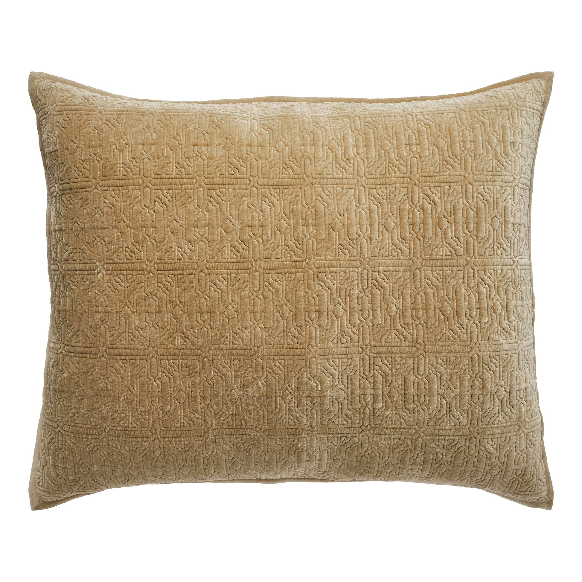 DE-377-3137_1|Elegant light brown velvet quilted pillow sham with intricate geometric pattern, perfect for cozy bedding and bedroom decor.