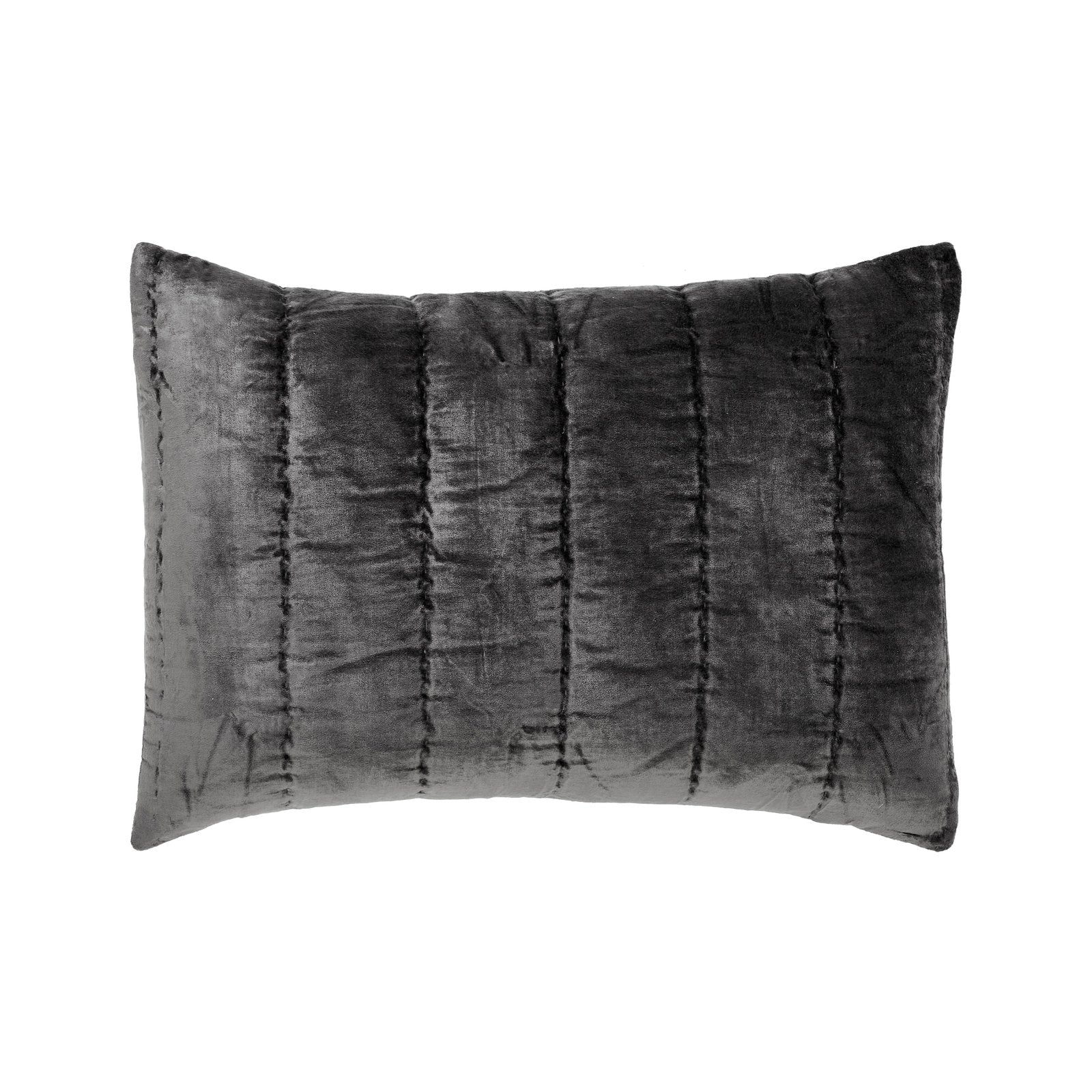 SS-338-2026-LOT1_1|Rich dark grey velvet quilted pillow with vertical channel stitching, bringing luxurious texture and deep color to bedding.