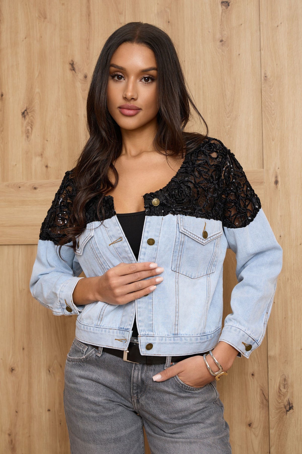 Floral Mesh Denim Jacket - Denim