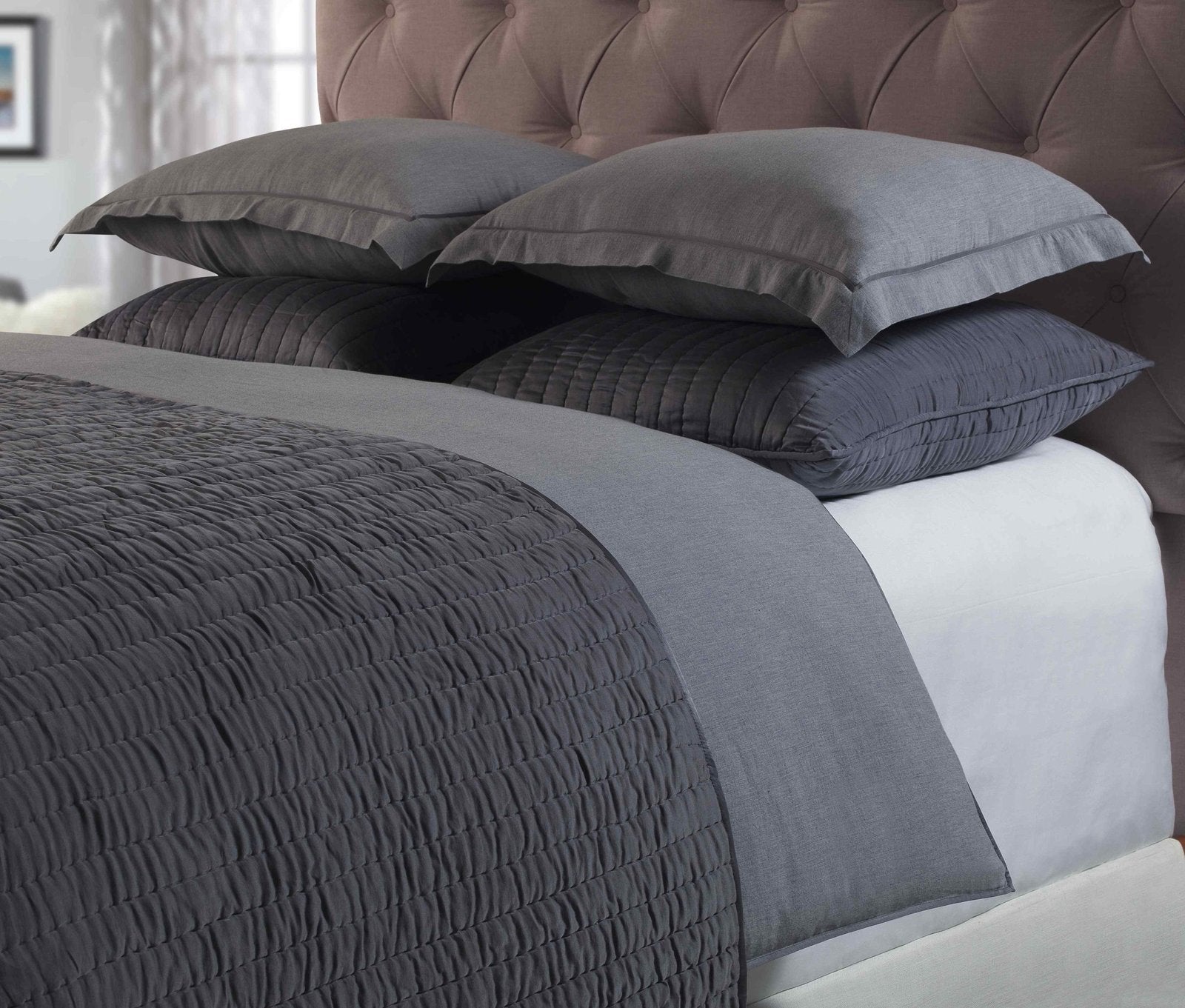 DT-011-X_1|Stylish dark grey ruched comforter set with matching pillows, offering a cozy and modern aesthetic for your bedroom.