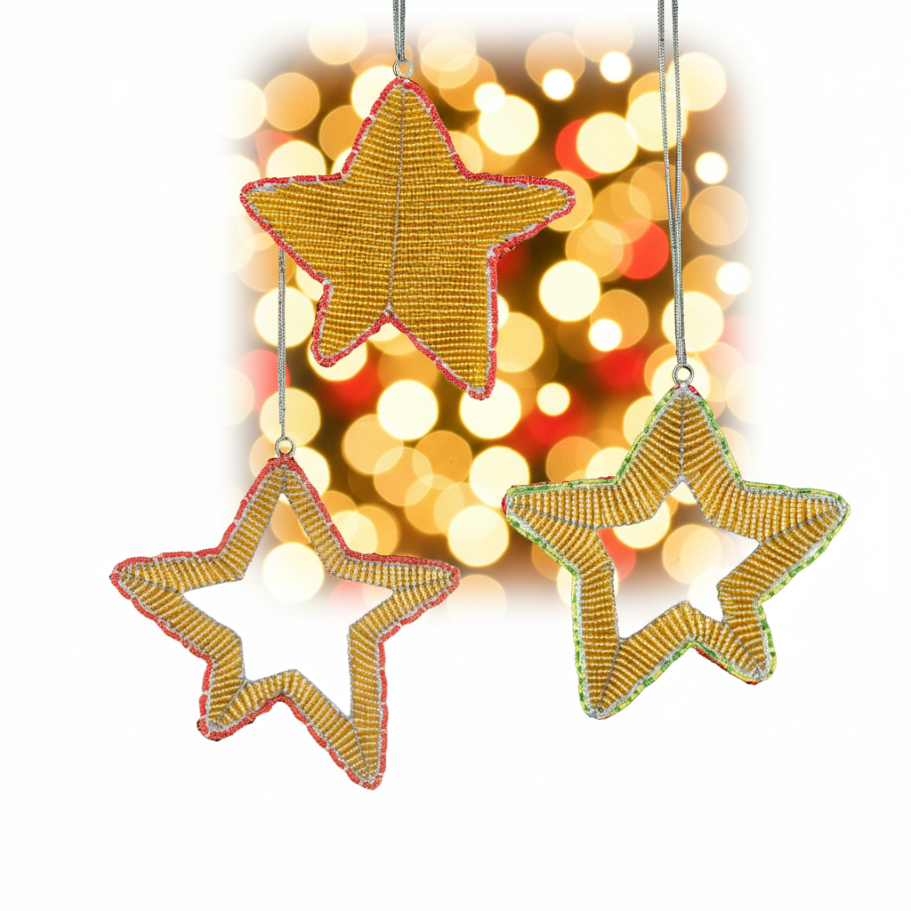 Handmade beaded star ornaments on a Christmas tree – Haitian artisan holiday décor, white background