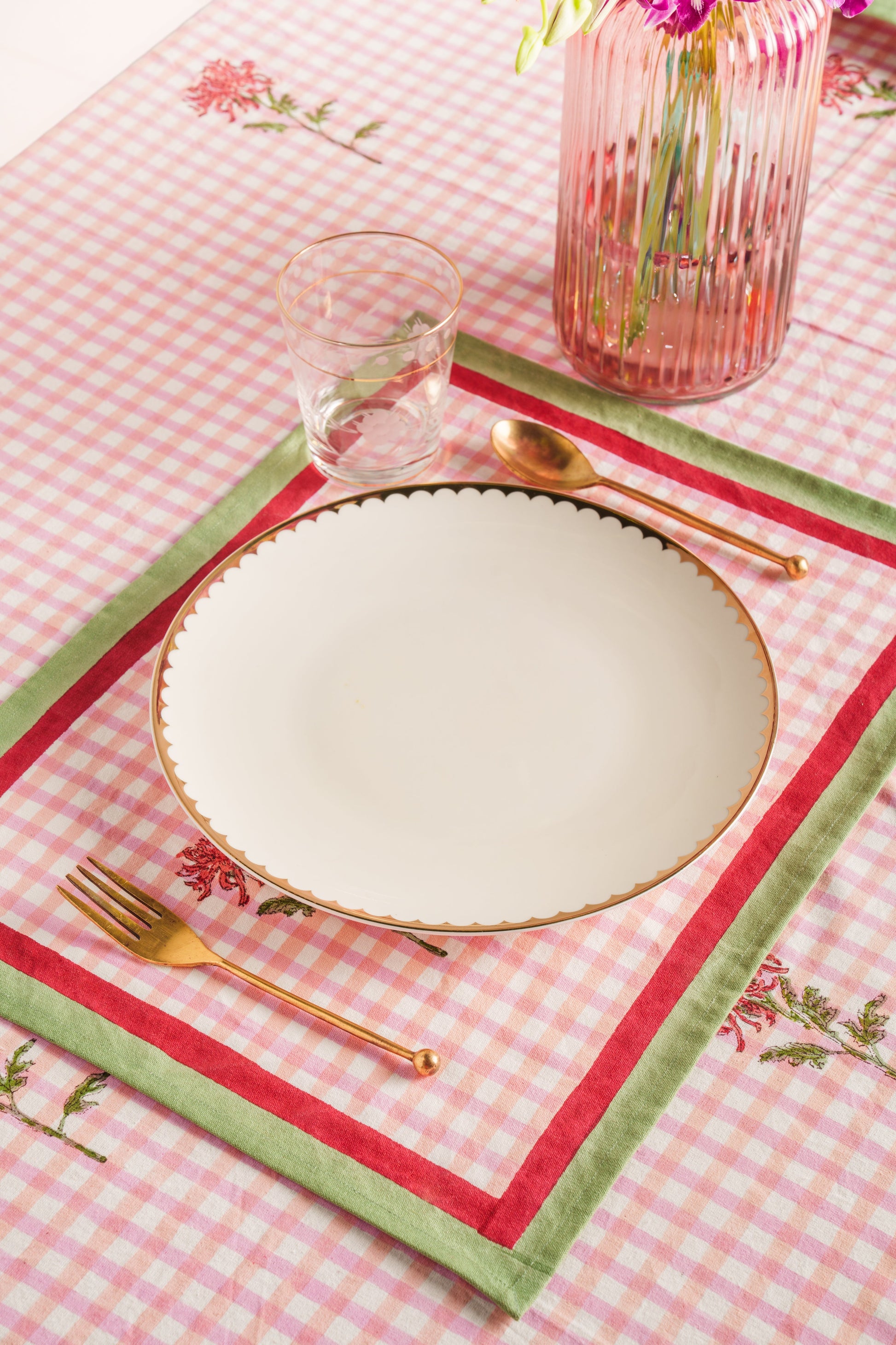 Dahlia gingham plac setting with white plate, glass, gold utensils - Inner Child