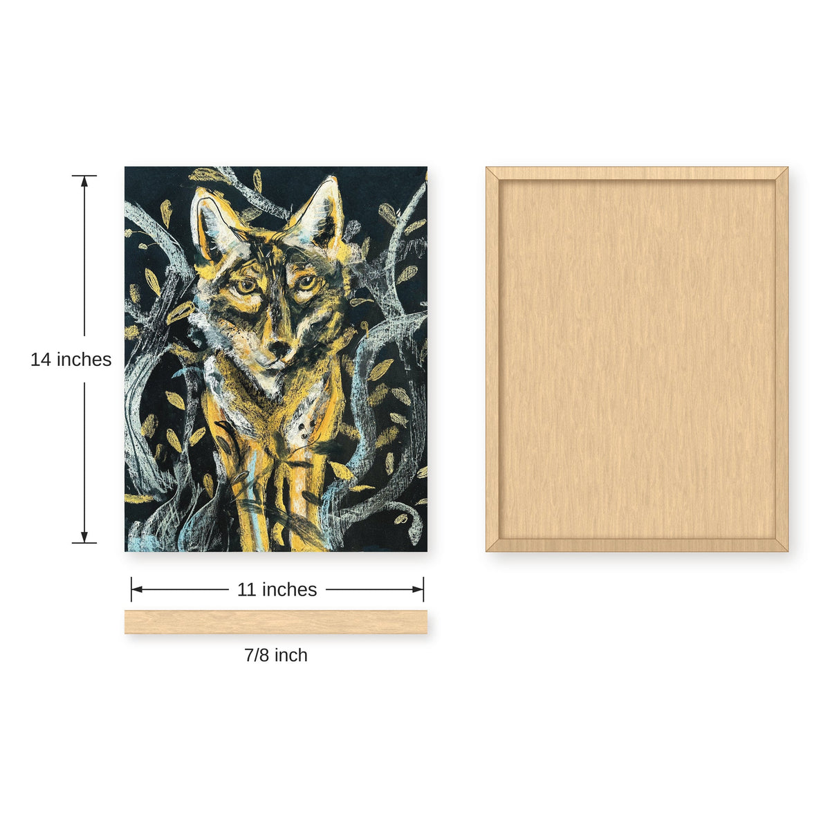 Coyote in the Woods moonlit folk art print, size guide with front, back and side dimensions