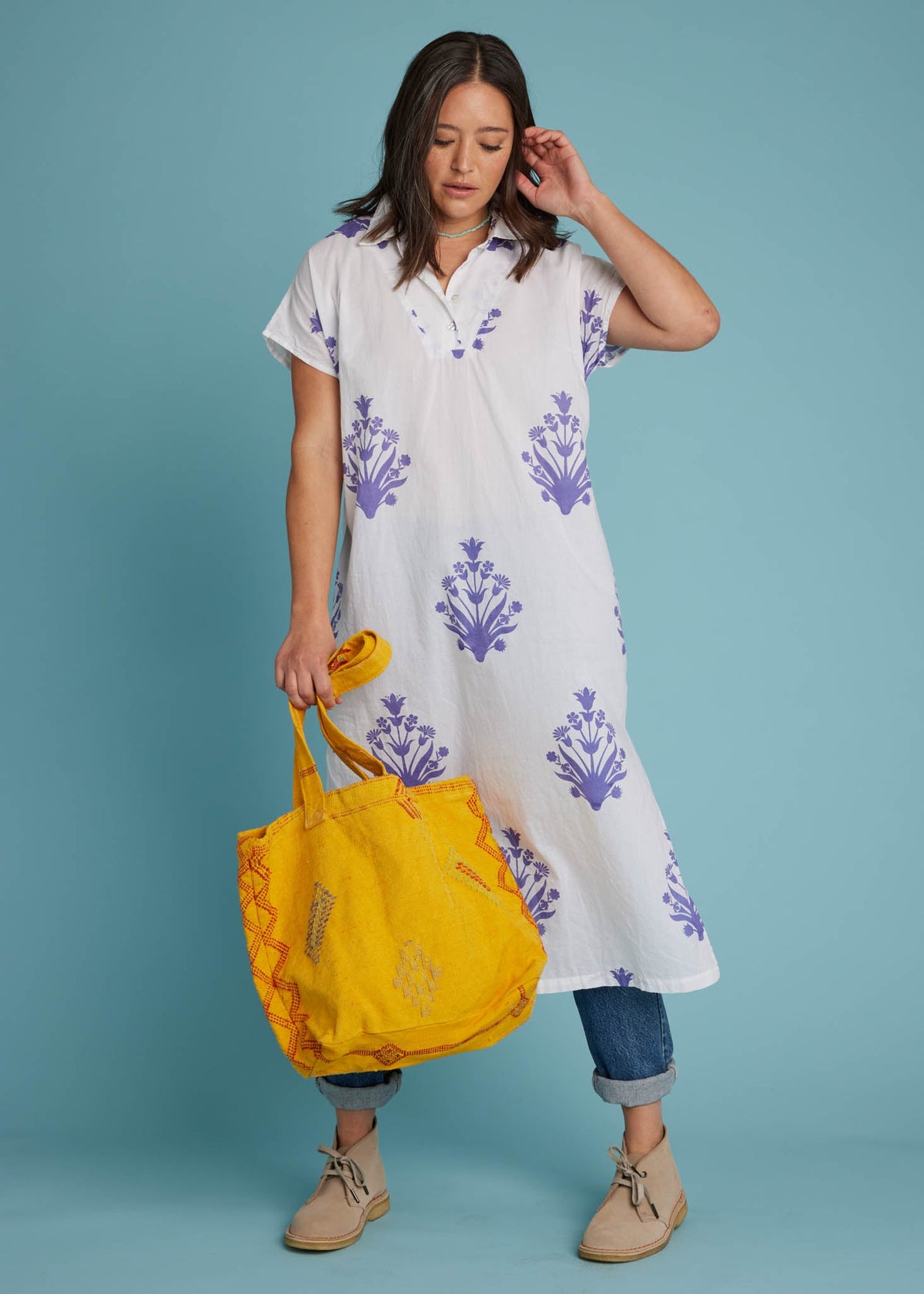 Scout Caftan - Cameo Floral Coastal Purple 2 - Model w/ bag