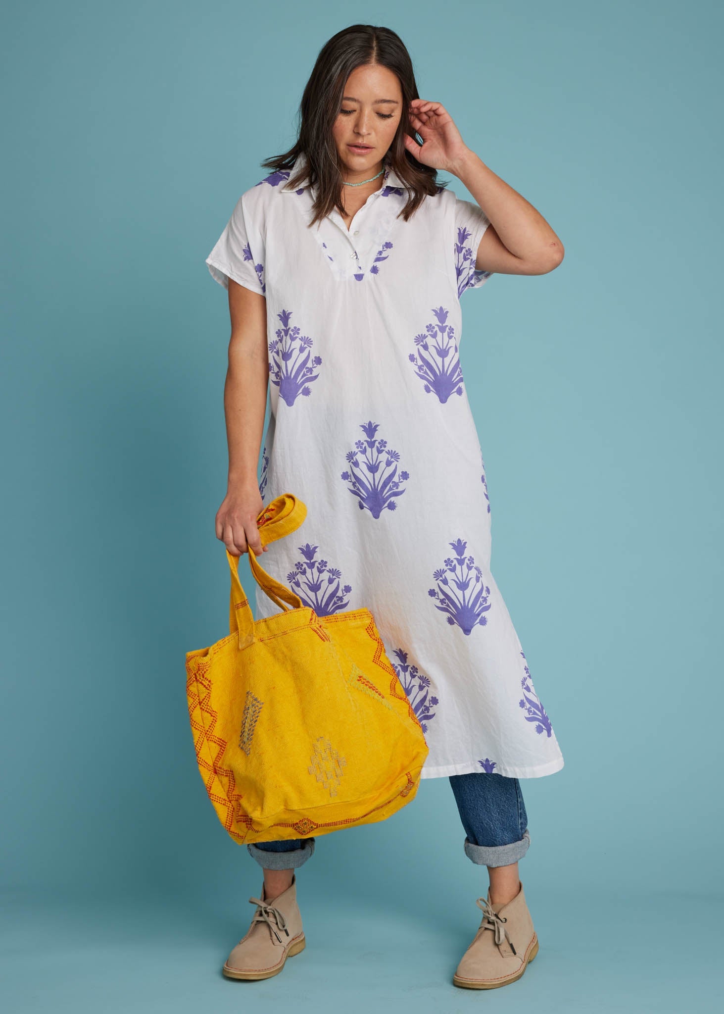 Scout Caftan - Cameo Floral Coastal Purple 2 - Model w/ bag