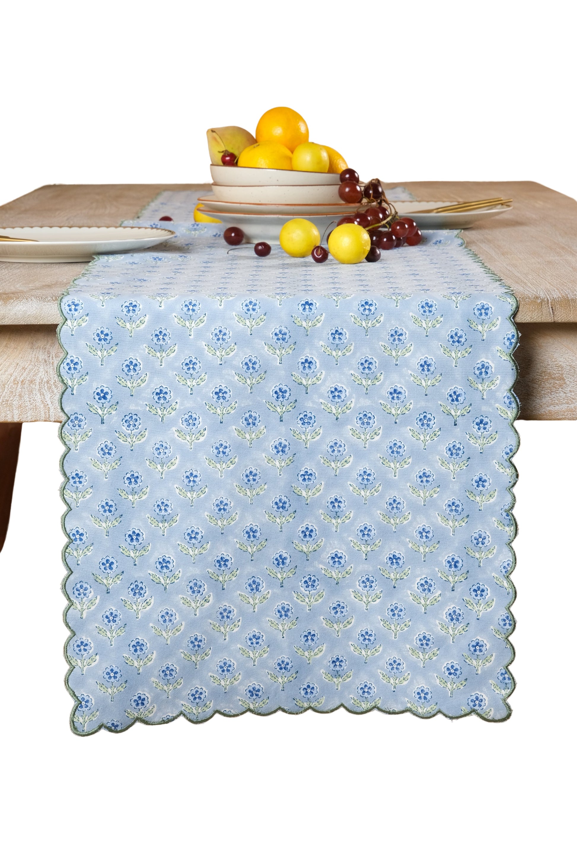 Inner Child blue scallop-edged embroidered blockprint tablerunner with floral pattern