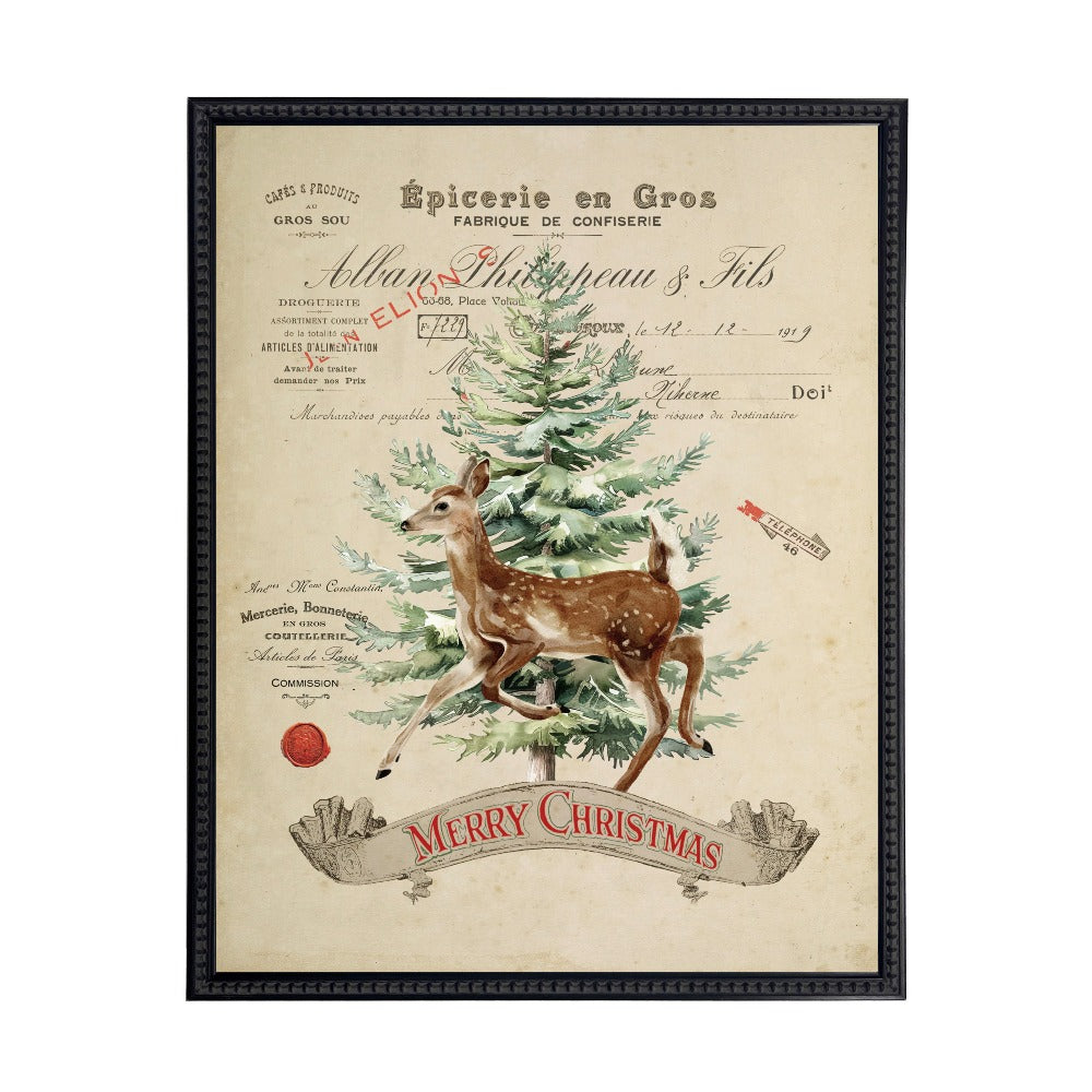 Vintage Painting of Deer and Tree on a distressed bookplate background