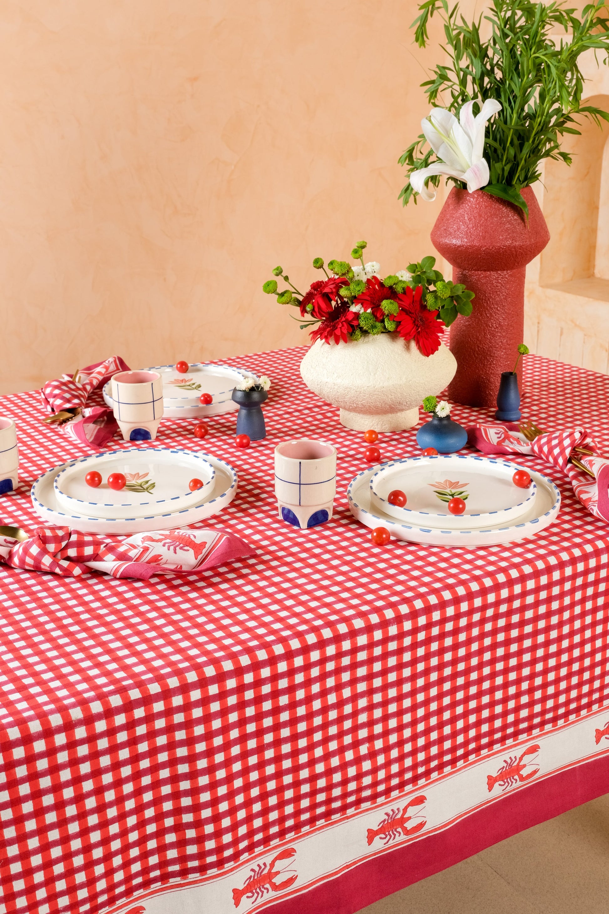 Inner Child lobster red gingham blockprint tablecloth with decor