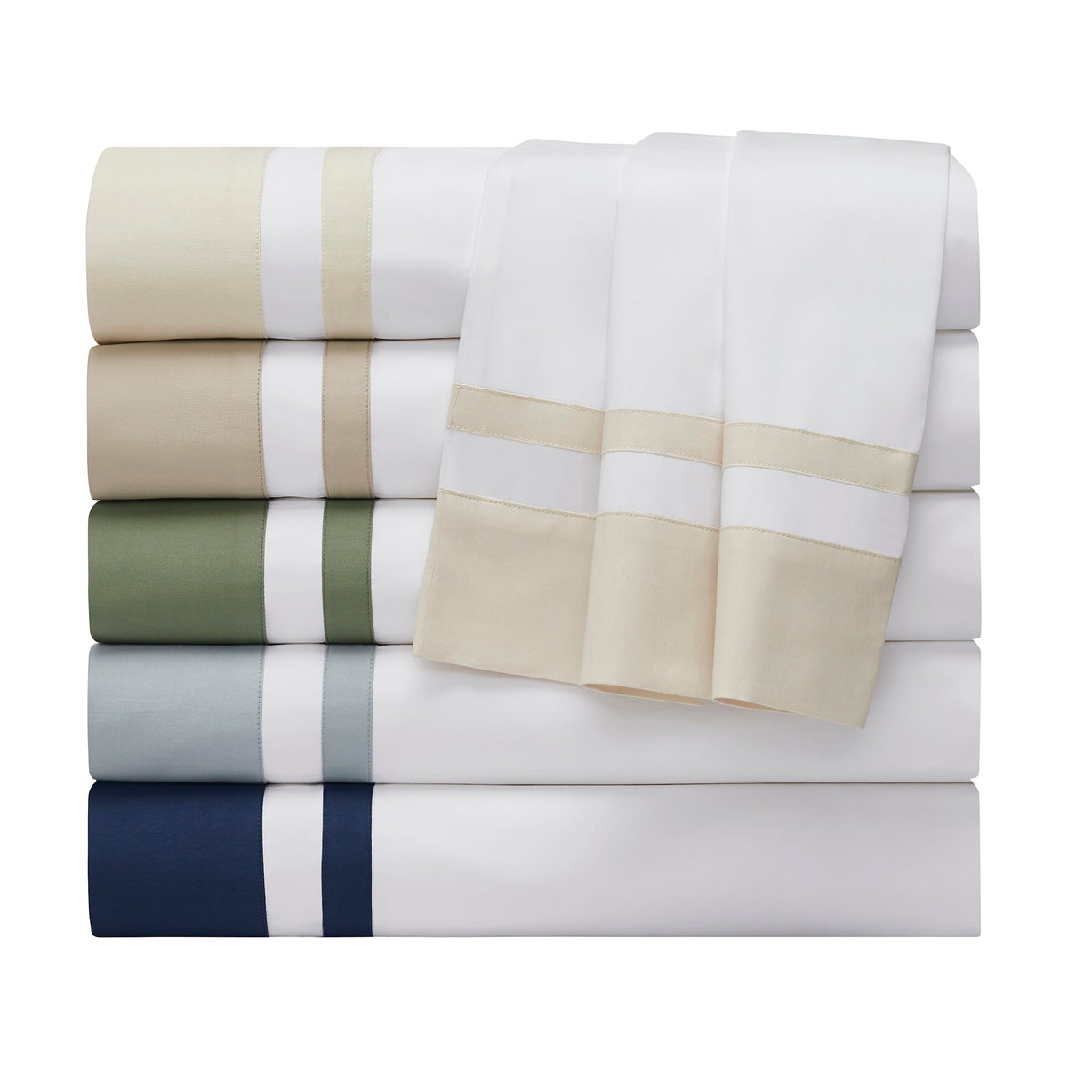 ASP-542-2032_5|Close-up of a white 100% cotton sateen flat sheet, detailed with a clean, wide solid olive green border.