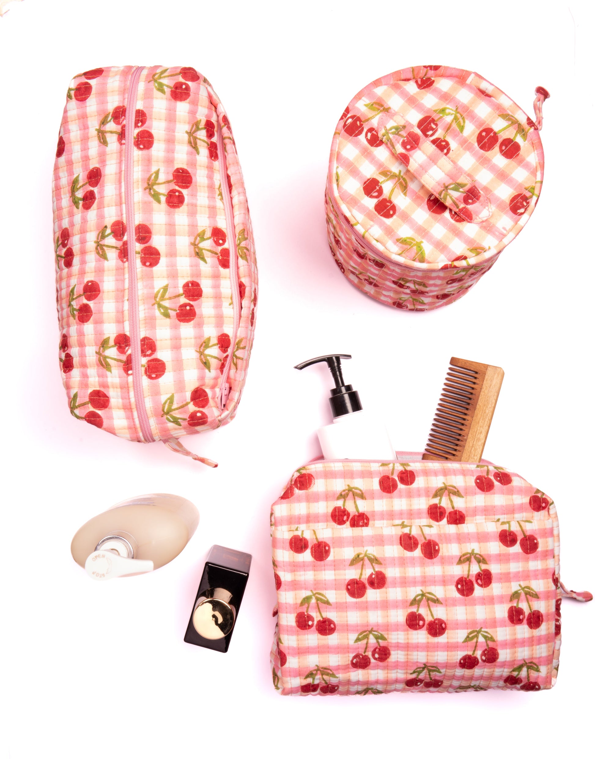 Cherry gingham makeup bags set with toiletries