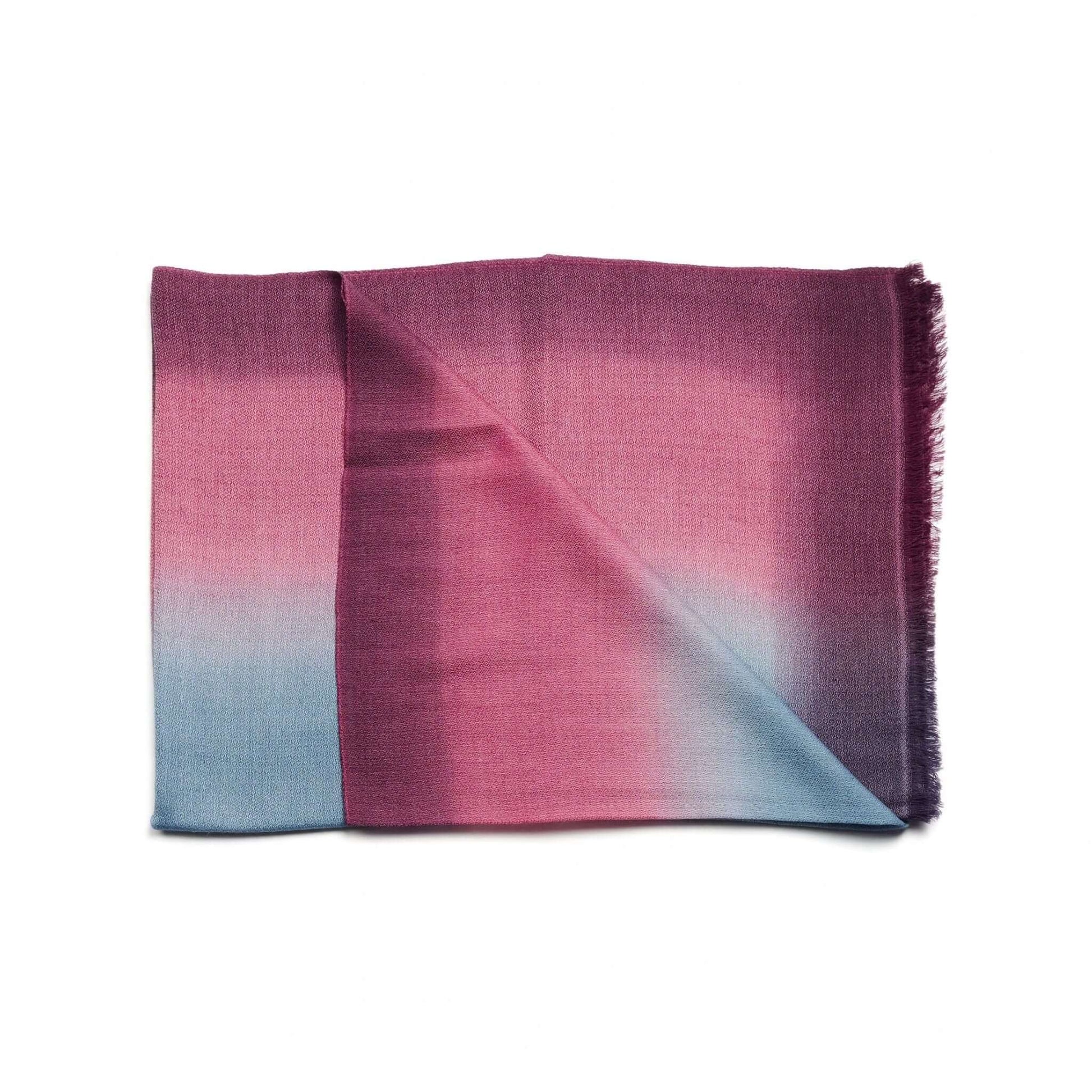 Iris Topaz Yellow Olive Green Cashmere Merino Soft Handwoven Modern Artisanal Scarf in shades of pink and blue.