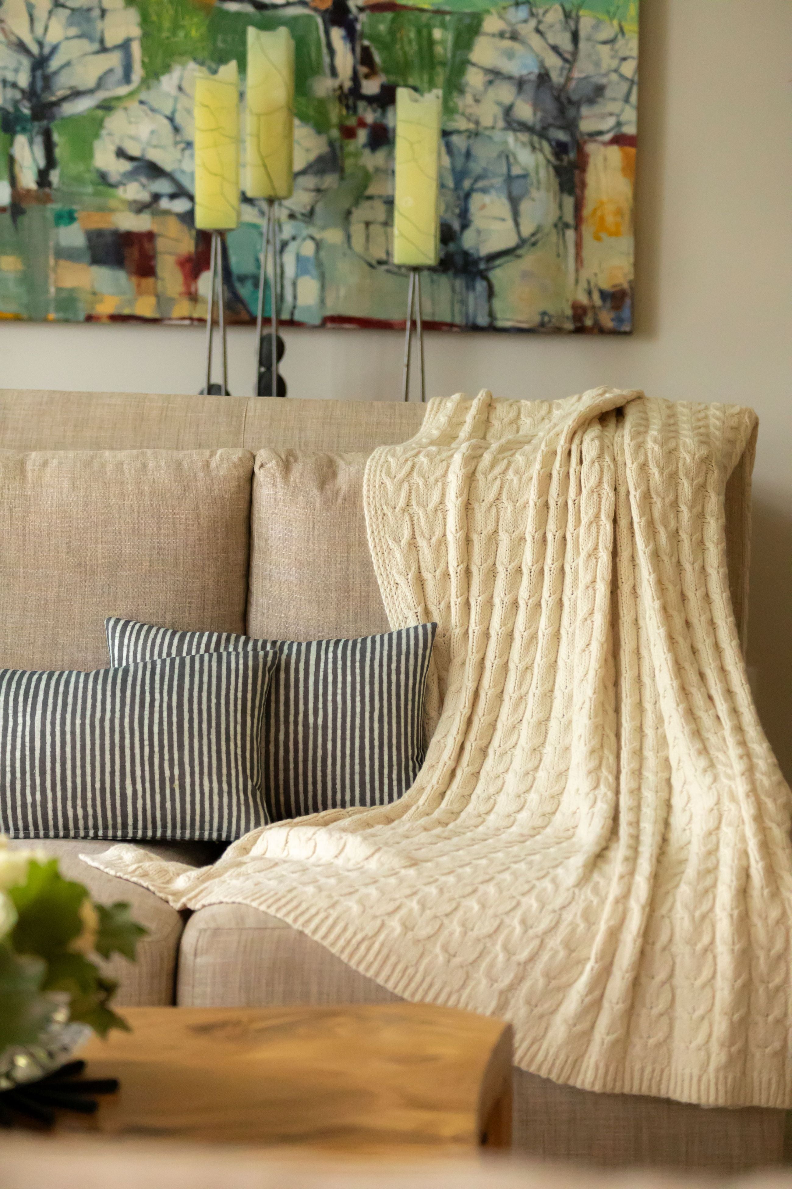Muru Collection - Pima Cotton & Undyed Baby Alpaca Ivory Cable Throw